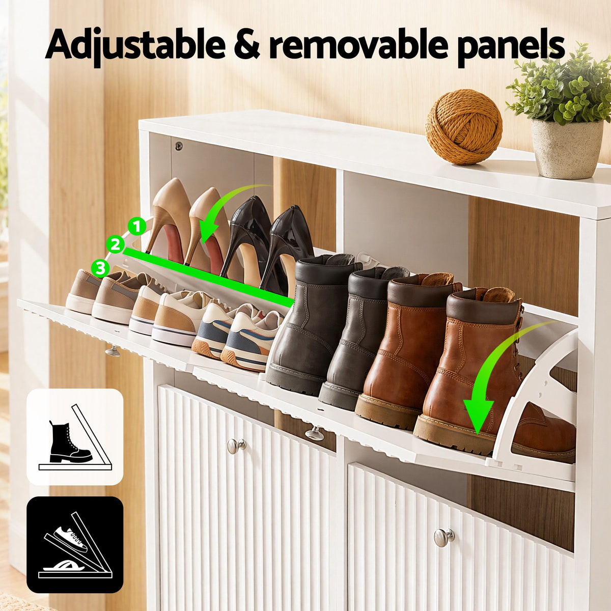 4 Flip-Drawer Shoe Cabinet with Fluted Front and Adjustable Shelves - White