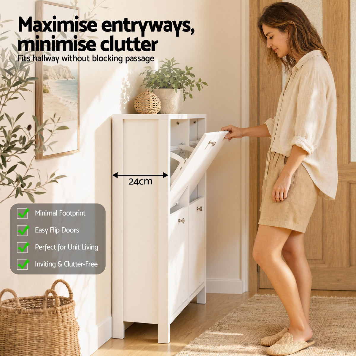 4 Flip-Drawer Shoe Cabinet with Fluted Front and Adjustable Shelves - White