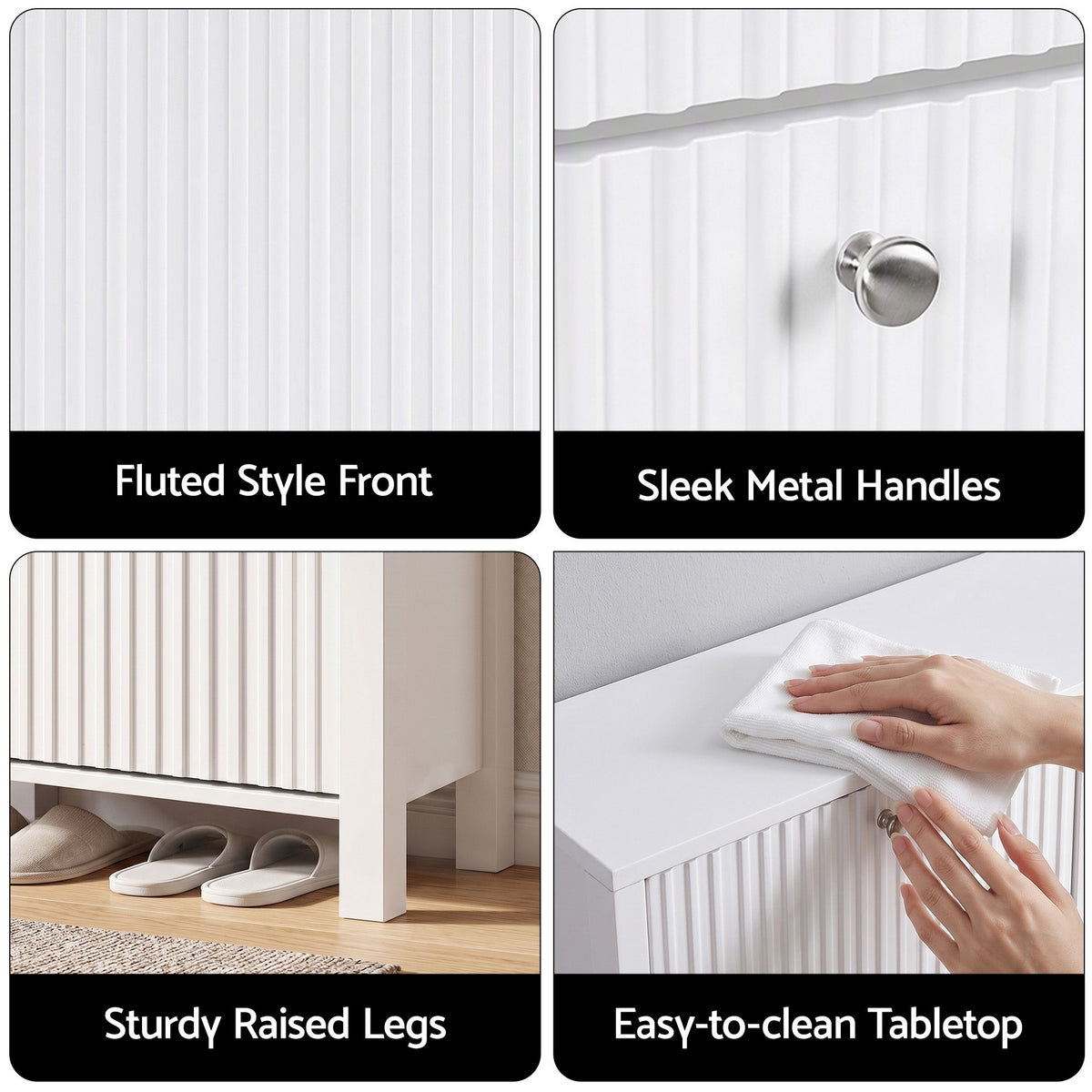 4 Flip-Drawer Shoe Cabinet with Fluted Front and Adjustable Shelves - White