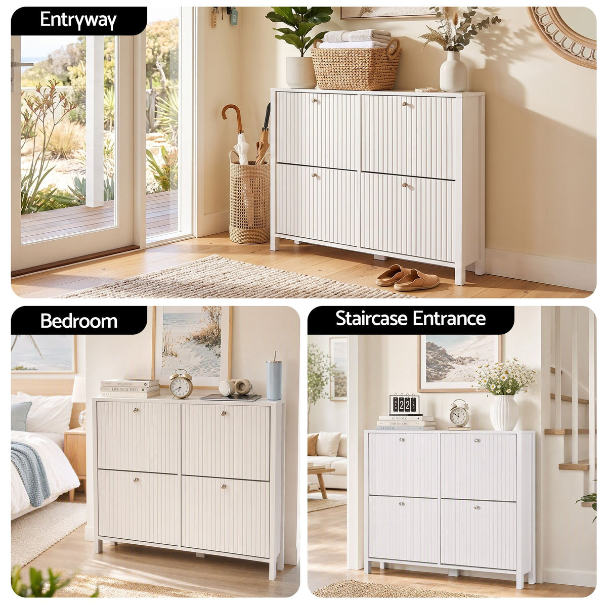 4 Flip-Drawer Shoe Cabinet with Fluted Front and Adjustable Shelves - White