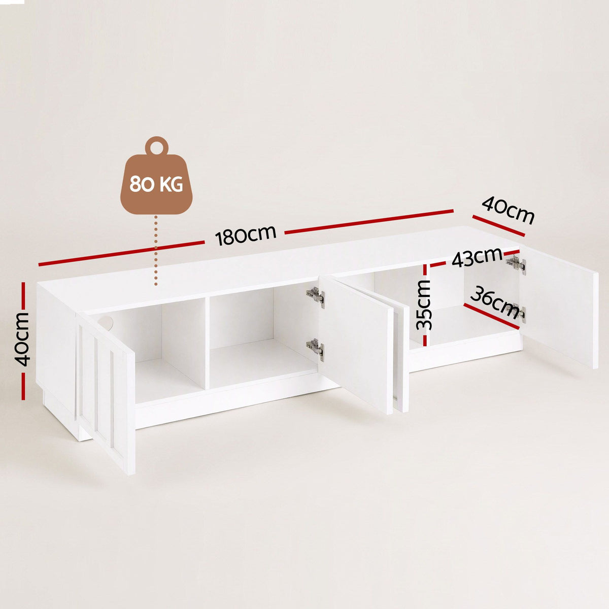 180cm TV Unit Entertainment Cabinet with Fluted Doors and Cable Management - White