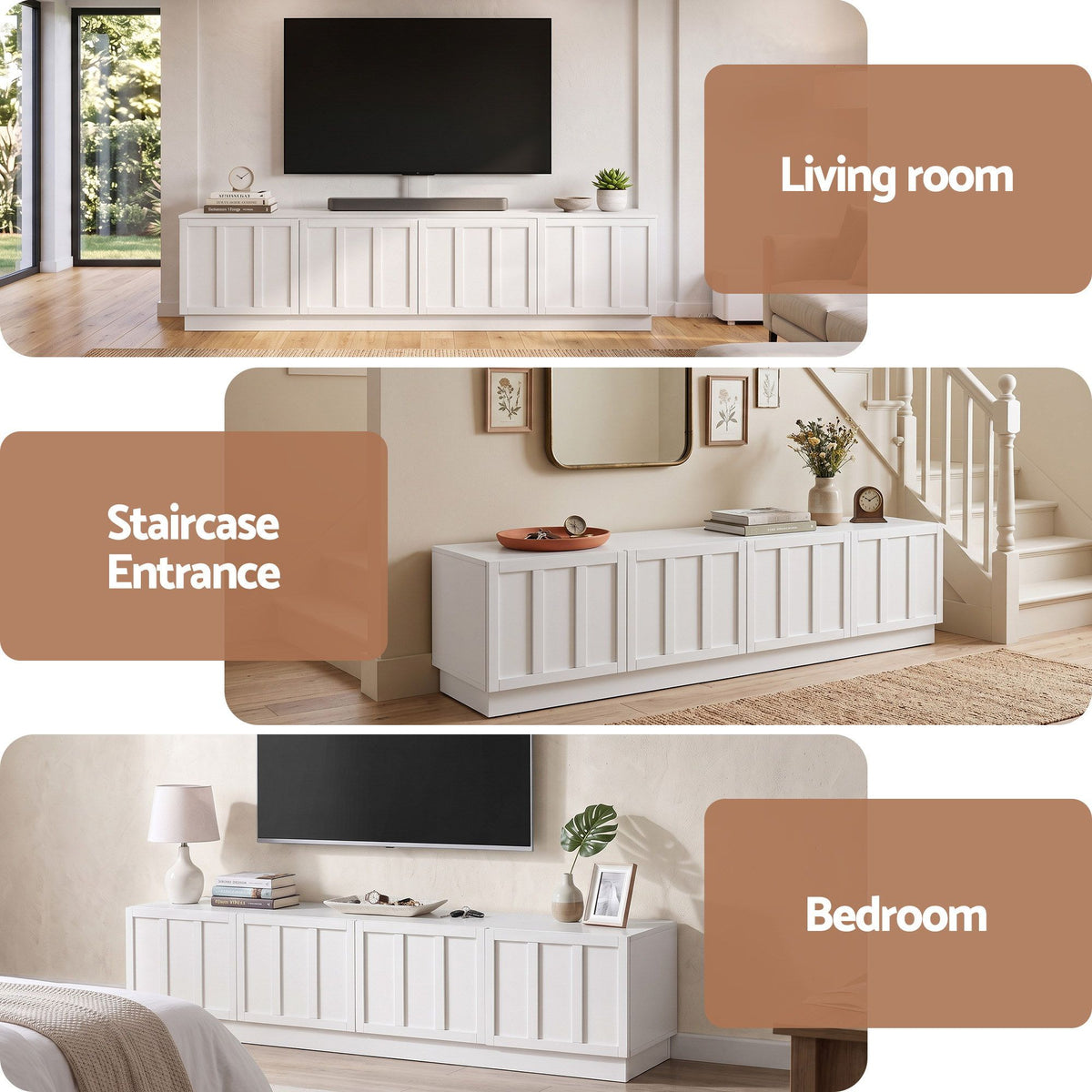 180cm TV Unit Entertainment Cabinet with Fluted Doors and Cable Management - White