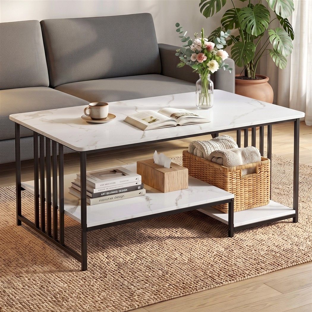 Coffee Table 100cm with 2-Tier Storage and Faux Marble Finish - White & Black
