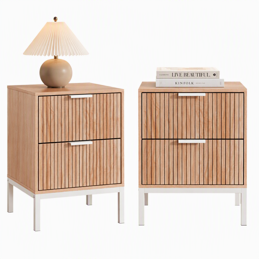 2X Bedside Table 2 Drawers Storage Nightstand Cabinet Metal Legs Pine