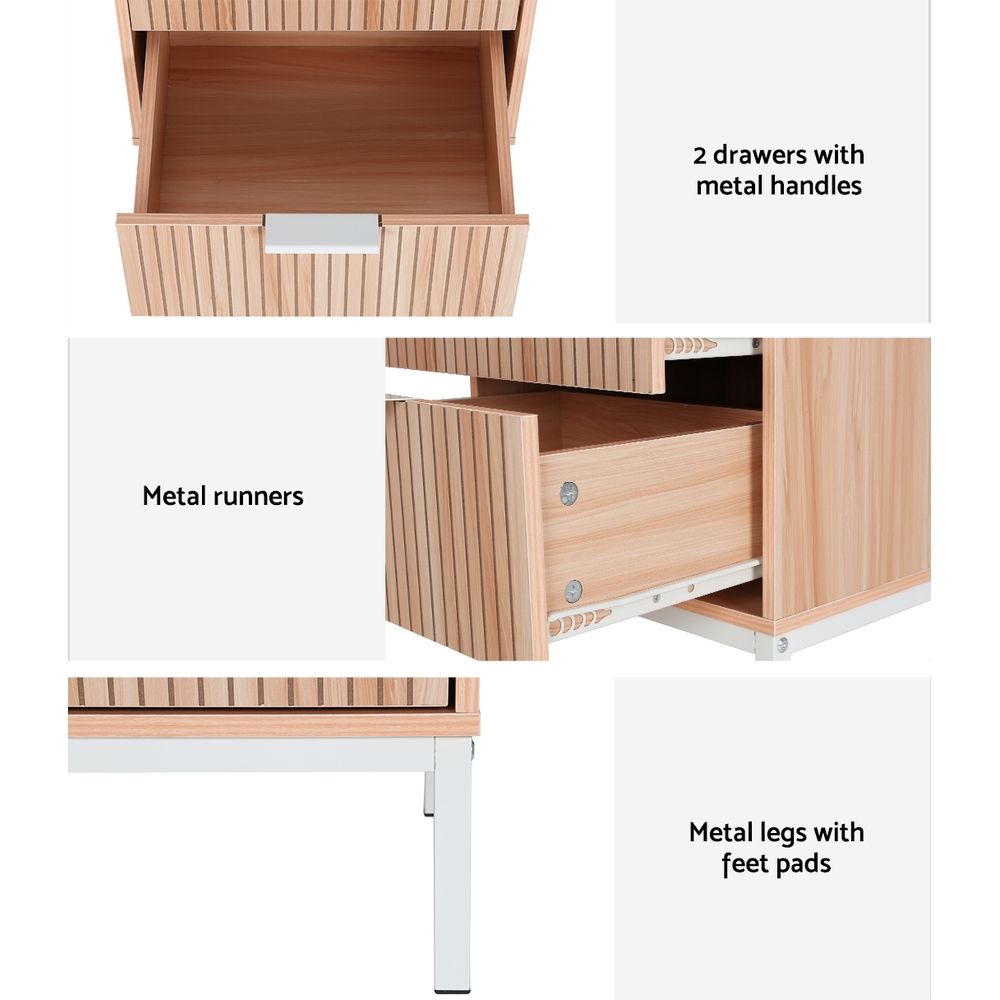 2X Bedside Table 2 Drawers Storage Nightstand Cabinet Metal Legs Pine