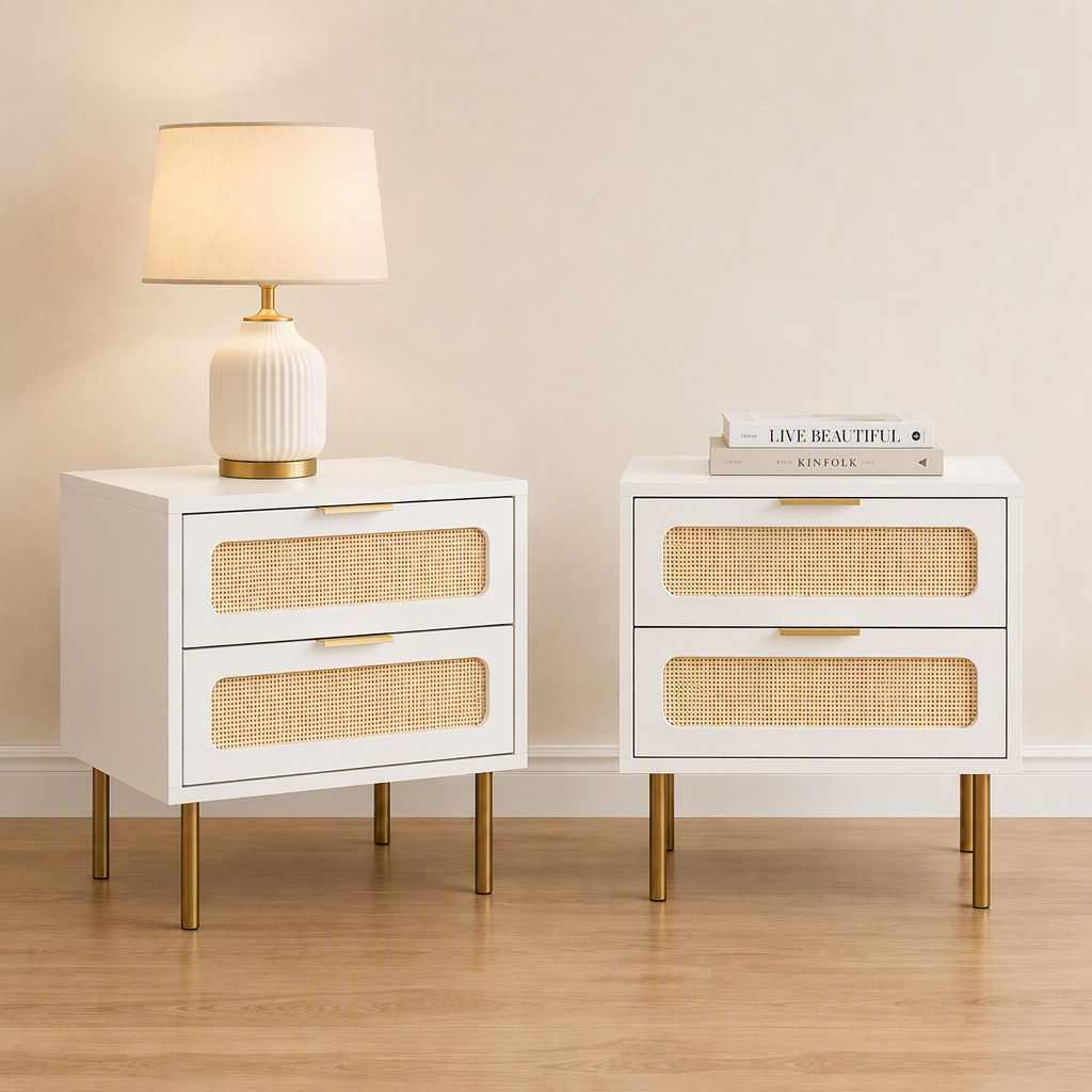 2x Rattan Bedside Table 2 Drawers White