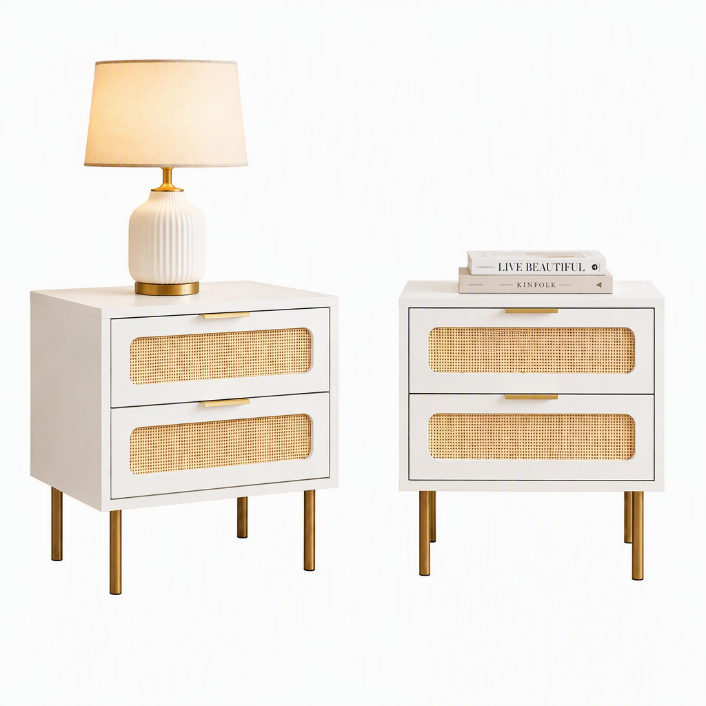 2x Rattan Bedside Table 2 Drawers White