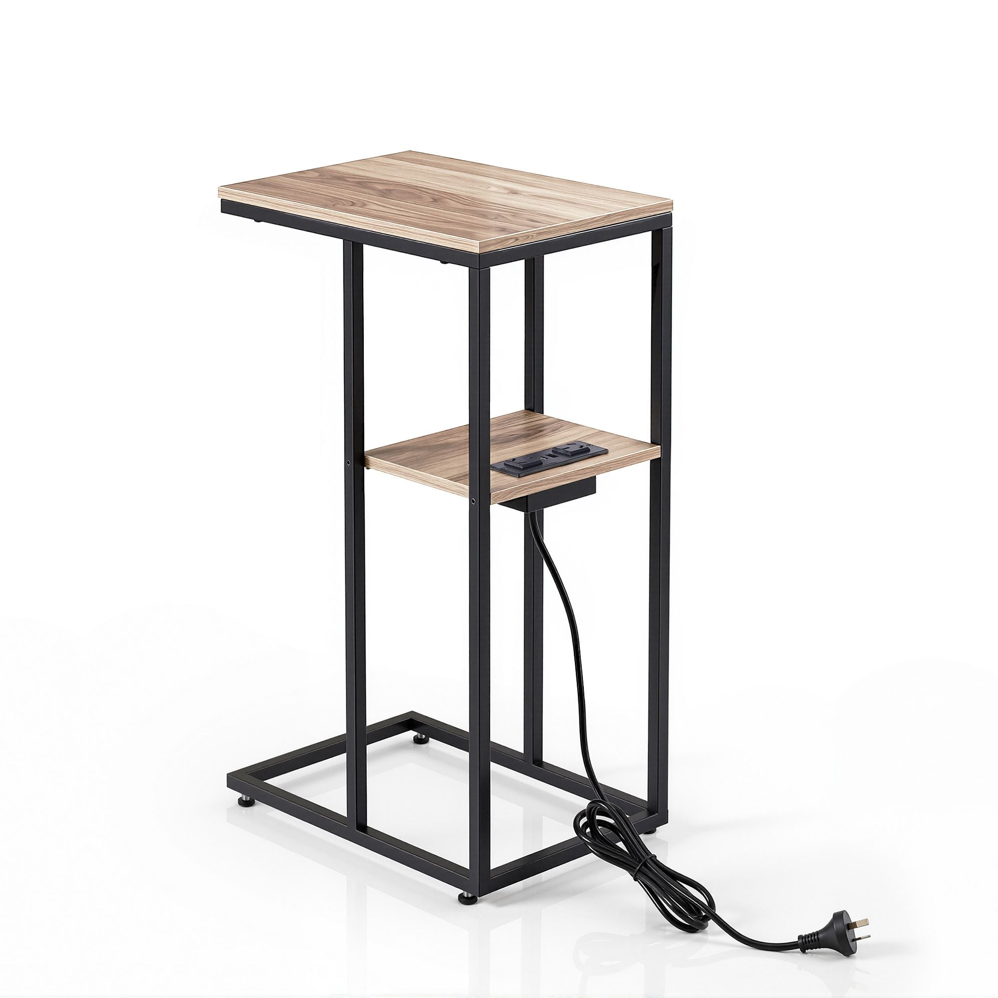 C-Shaped End Table Charging Station 2-Tier Side Coffee Table Bedside Wood