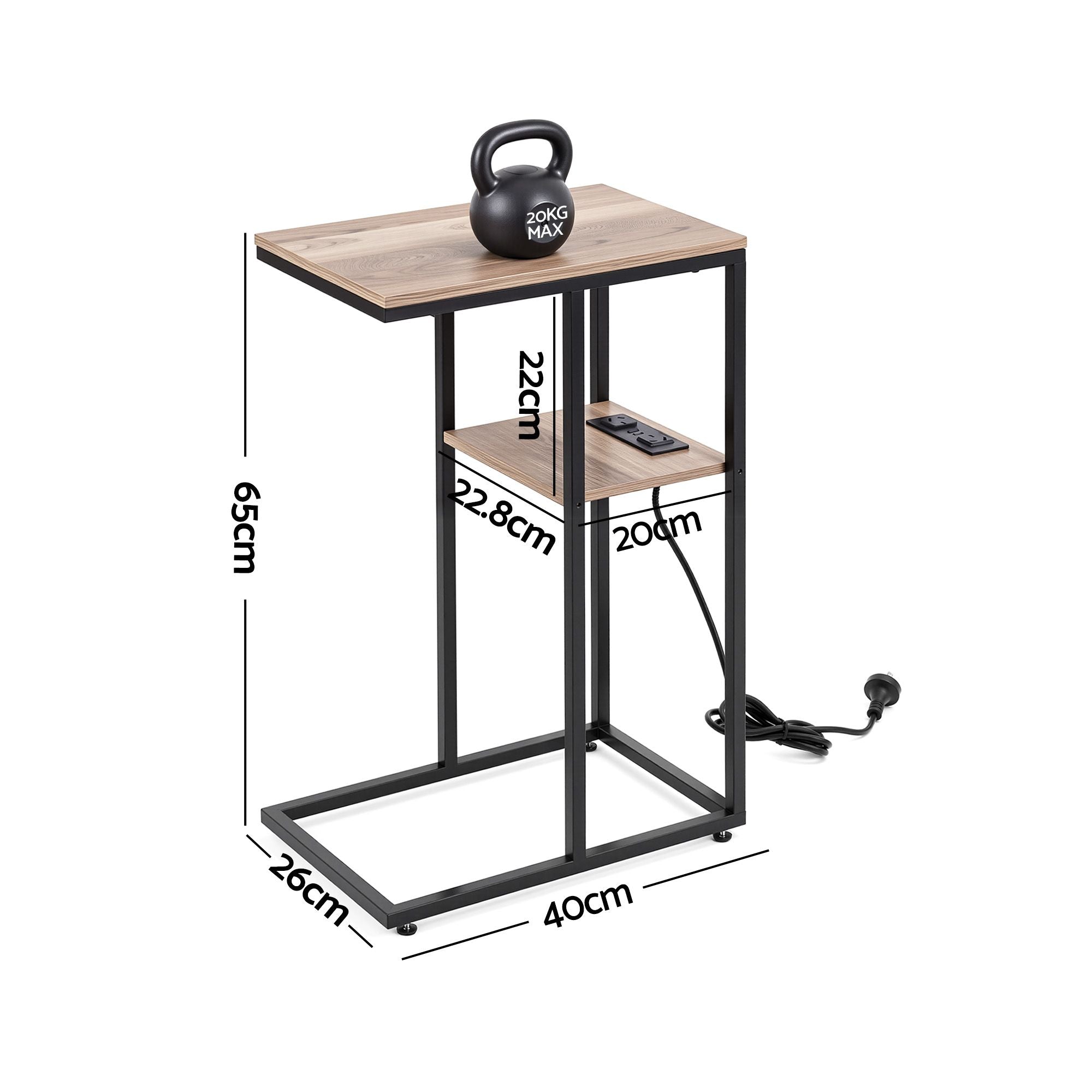 C-Shaped End Table Charging Station 2-Tier Side Coffee Table Bedside Wood