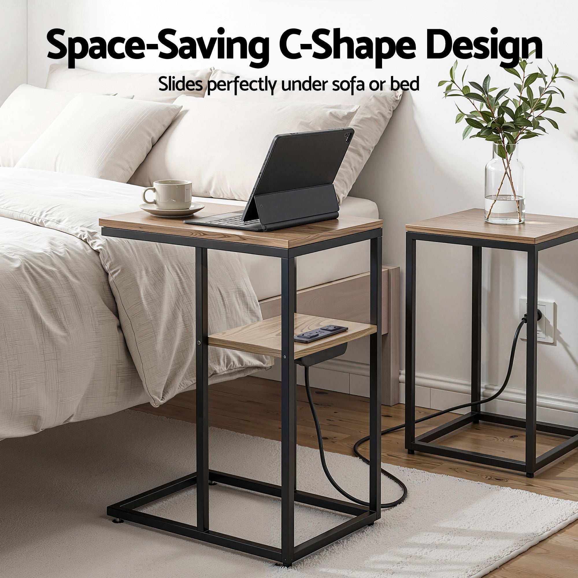 C-Shaped End Table Charging Station 2-Tier Side Coffee Table Bedside Wood