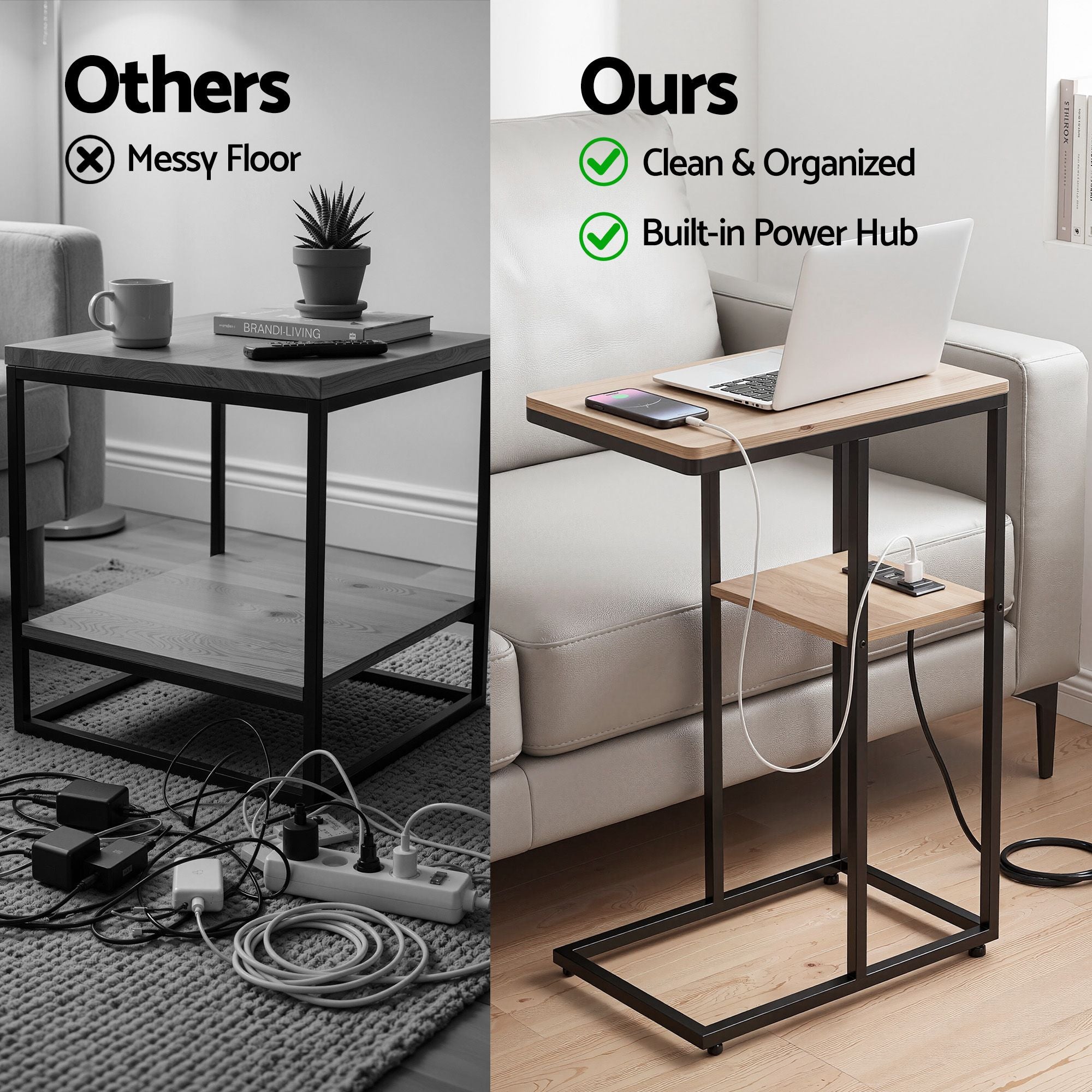 C-Shaped End Table Charging Station 2-Tier Side Coffee Table Bedside Wood