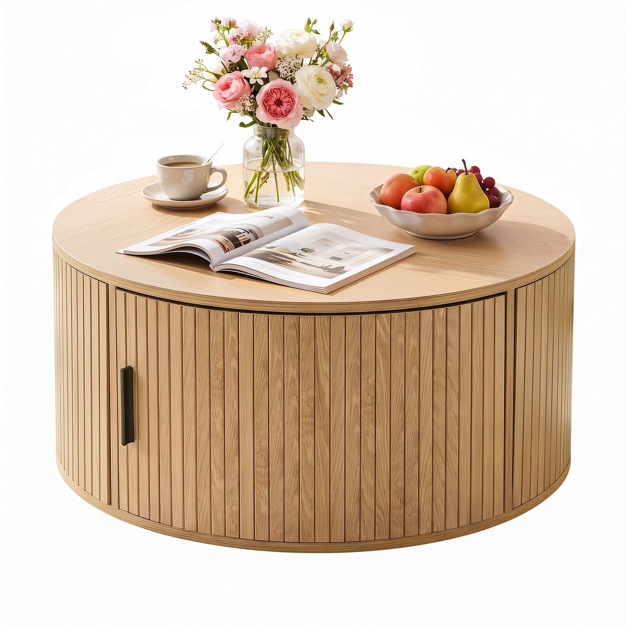 Round Coffee Table Storage Fluted Center Table Living Room Office 80cm Wood