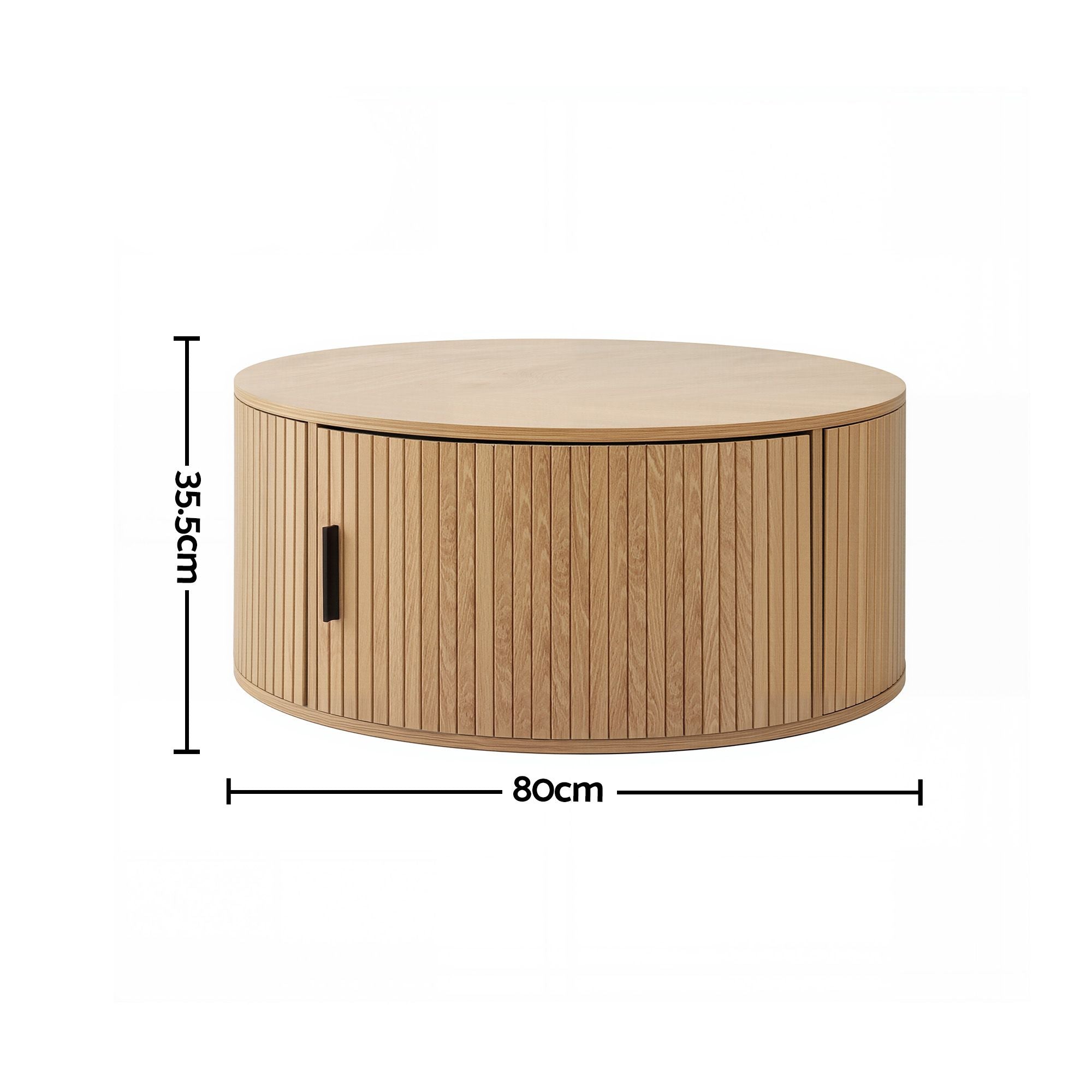 Round Coffee Table Storage Fluted Center Table Living Room Office 80cm Wood