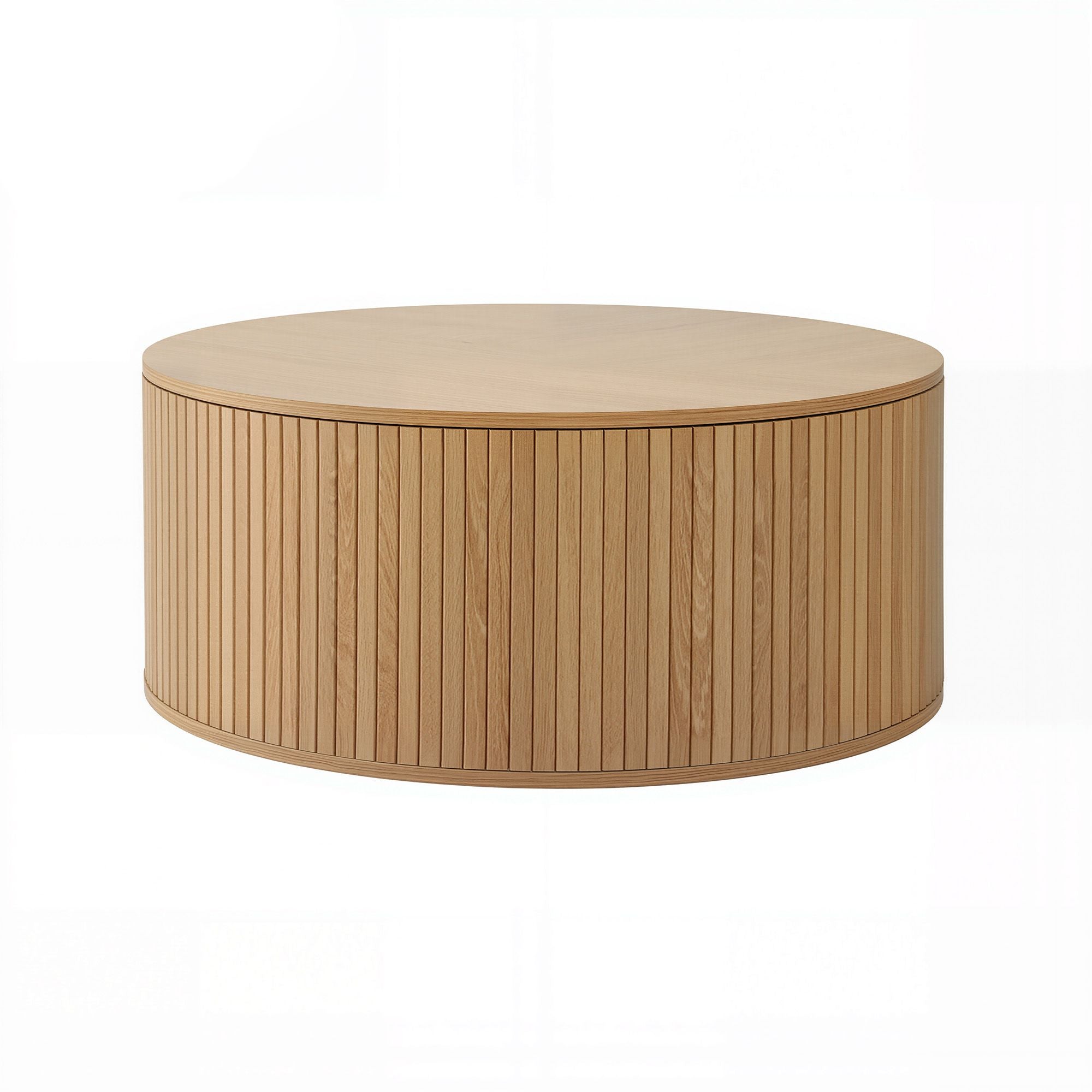 Round Coffee Table Storage Fluted Center Table Living Room Office 80cm Wood