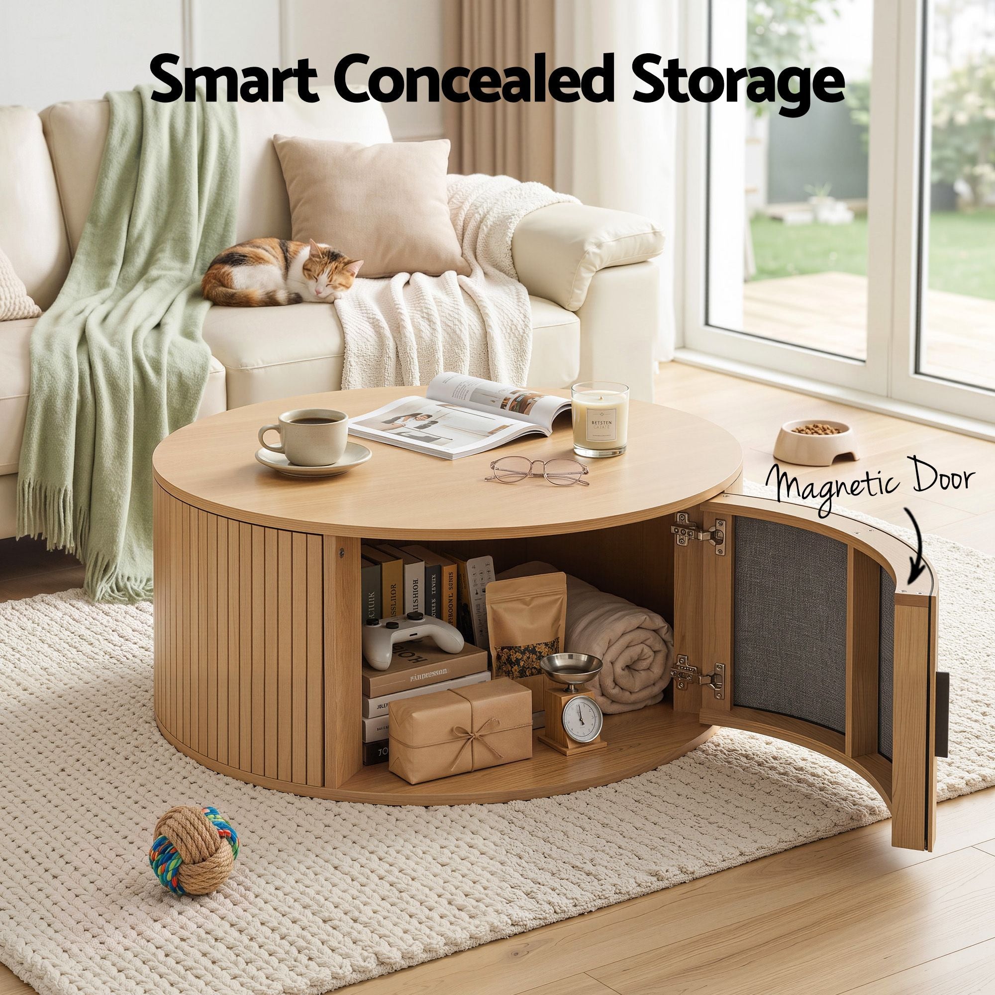 Round Coffee Table Storage Fluted Center Table Living Room Office 80cm Wood
