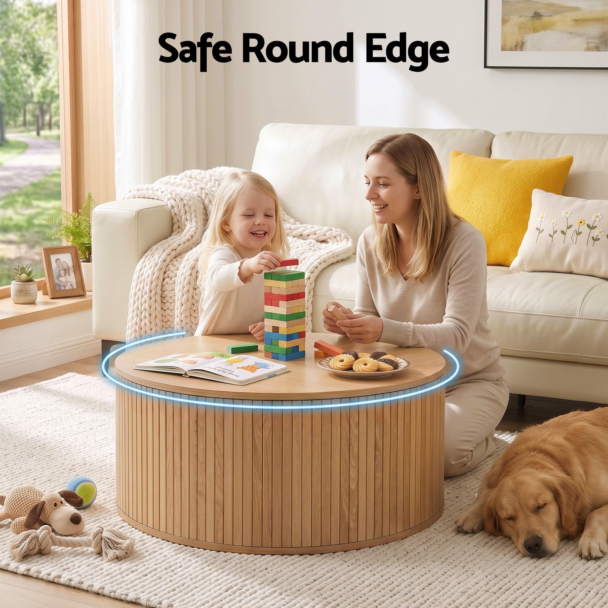 Round Coffee Table Storage Fluted Center Table Living Room Office 80cm Wood