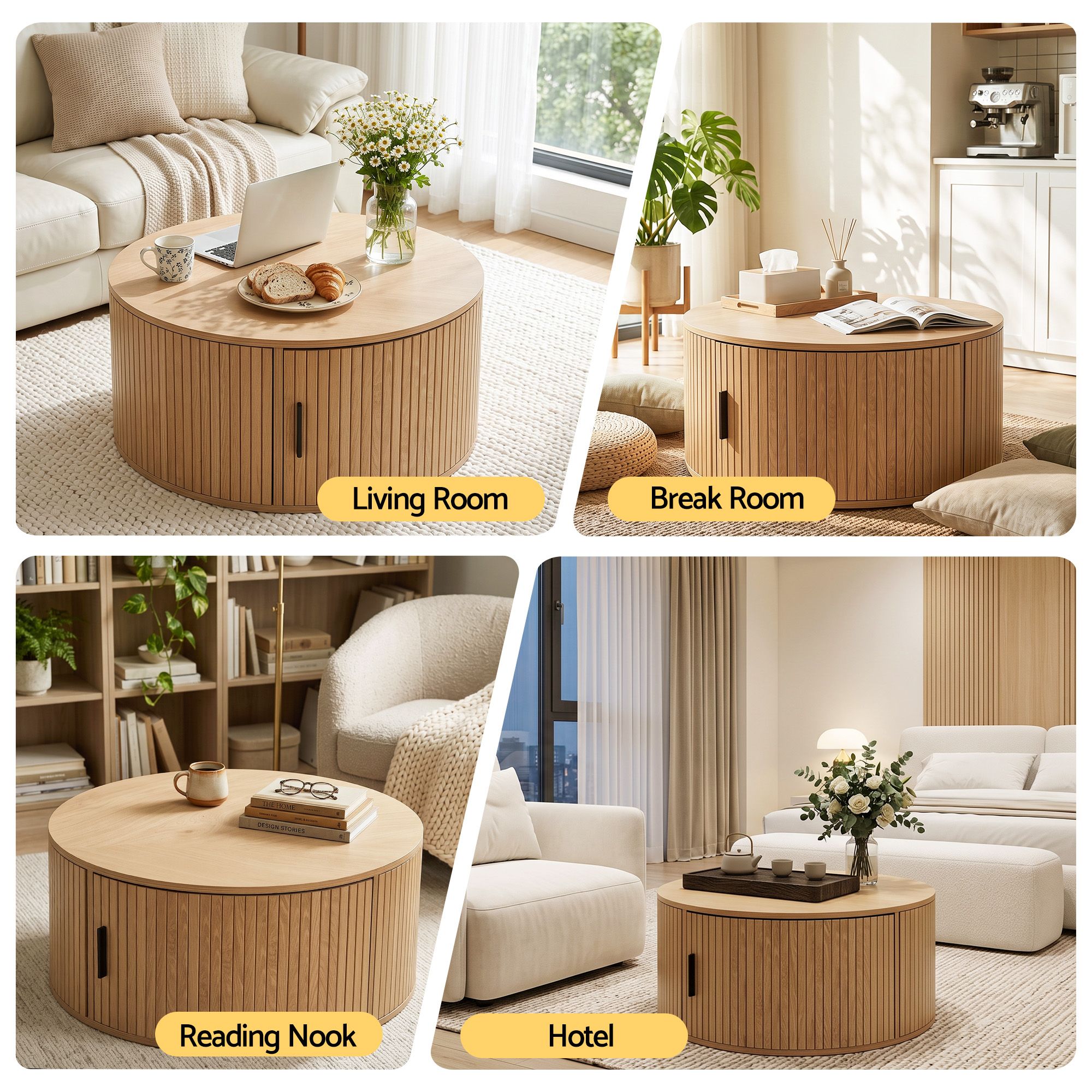 Round Coffee Table Storage Fluted Center Table Living Room Office 80cm Wood