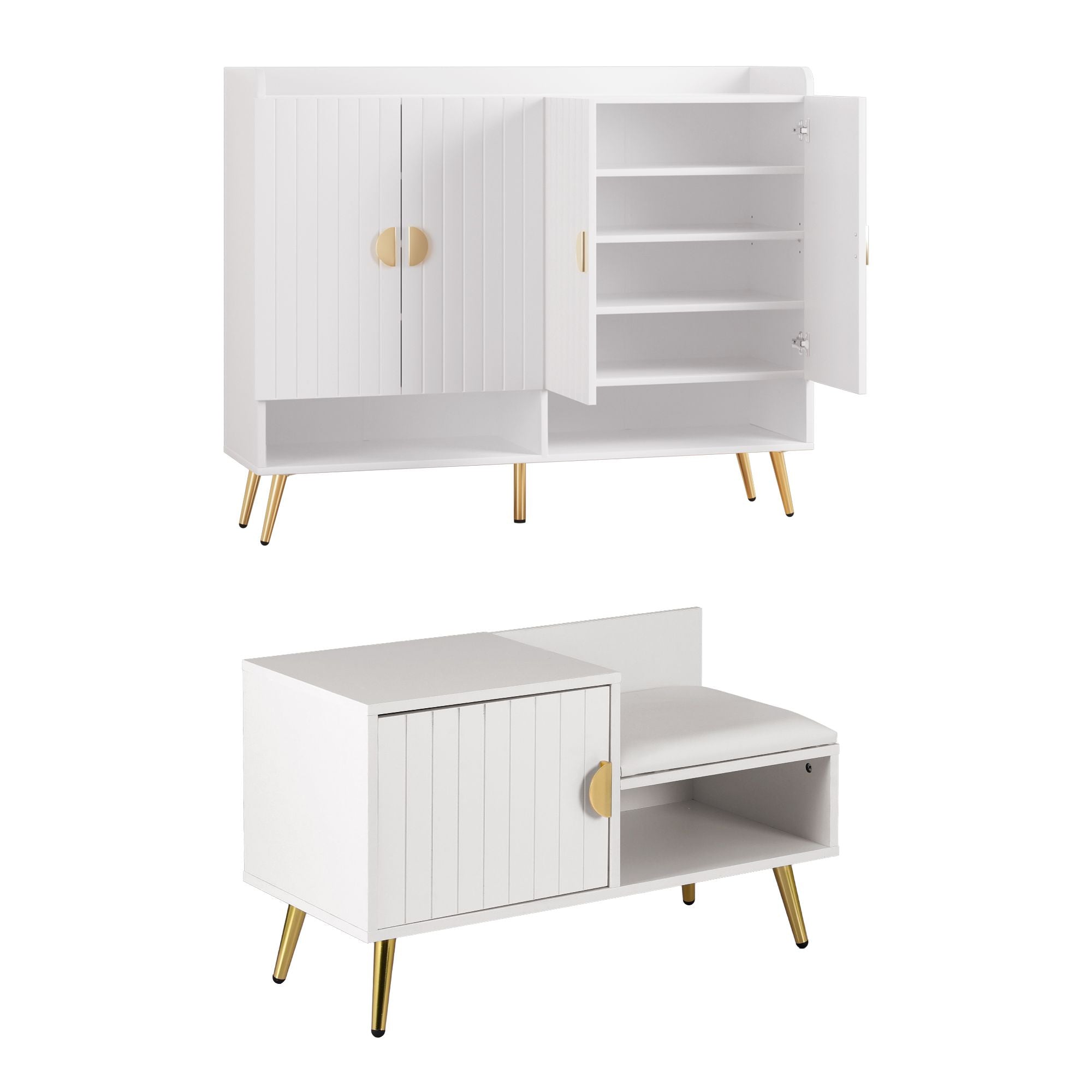 Shoe Cabinet Bench Set Adjustable Shelf Hallway Living Room White