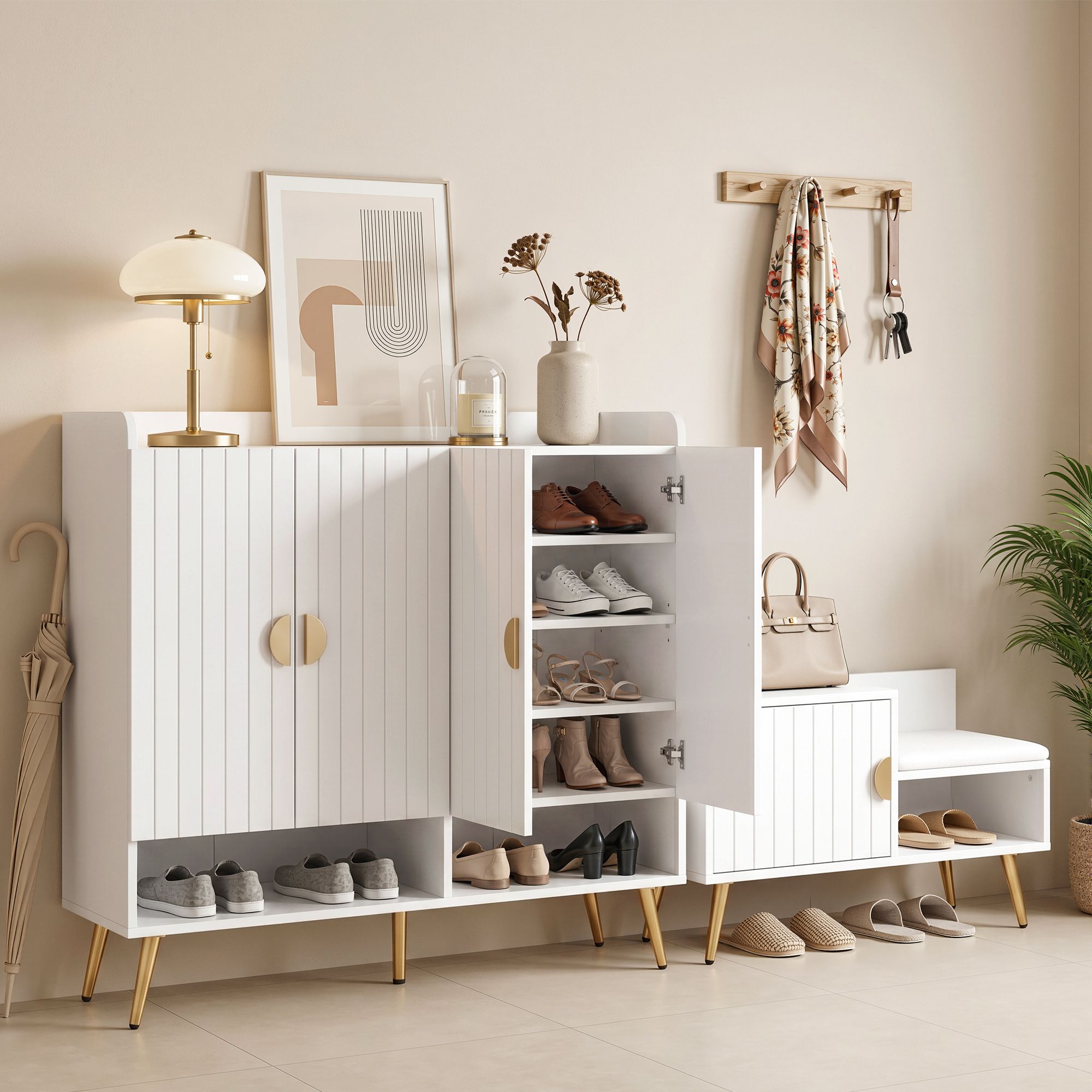 Shoe Cabinet Bench Set Adjustable Shelf Hallway Living Room White