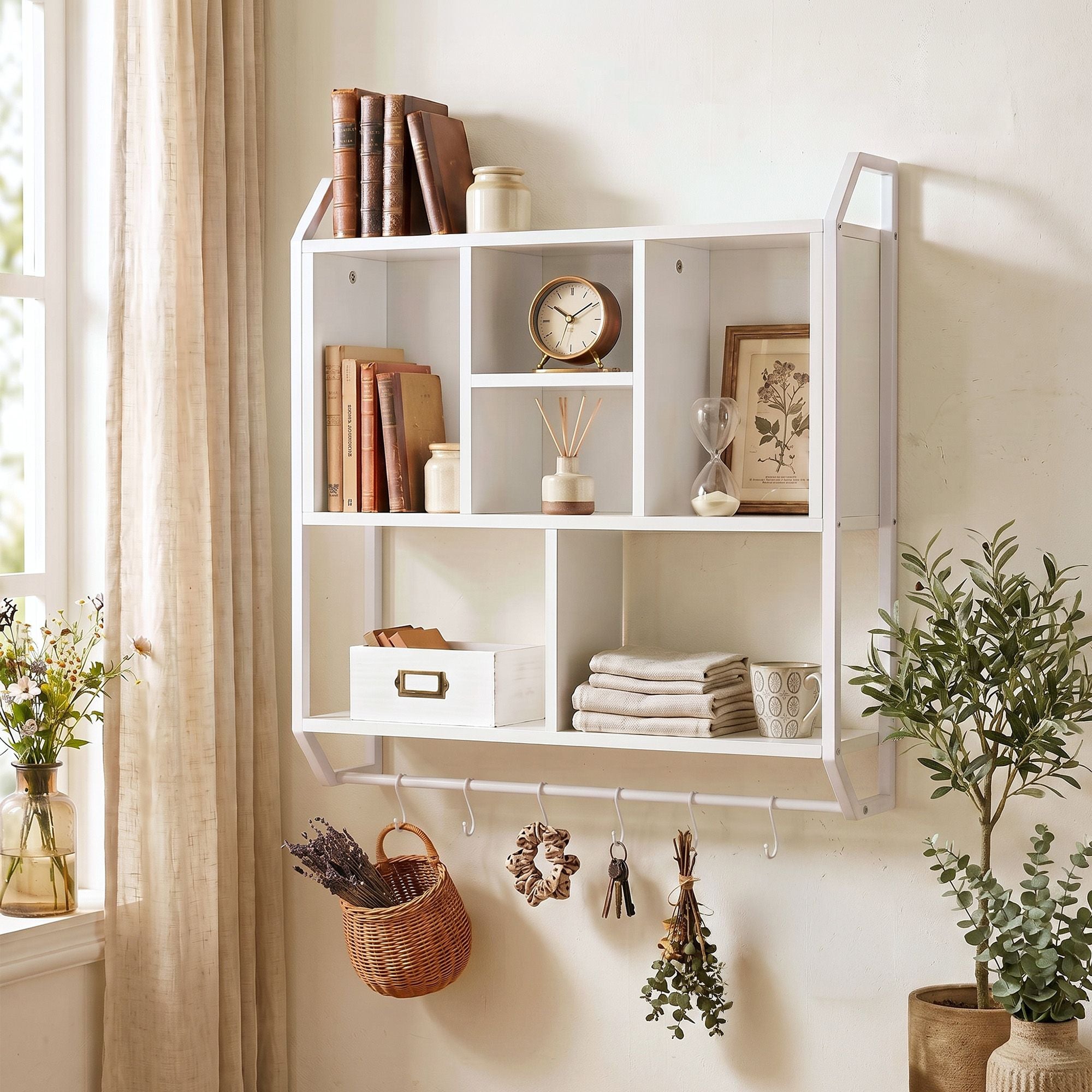 Floating Wall Shelf with 6 Hooks and Storage Cubbies 73.5x74cm - White