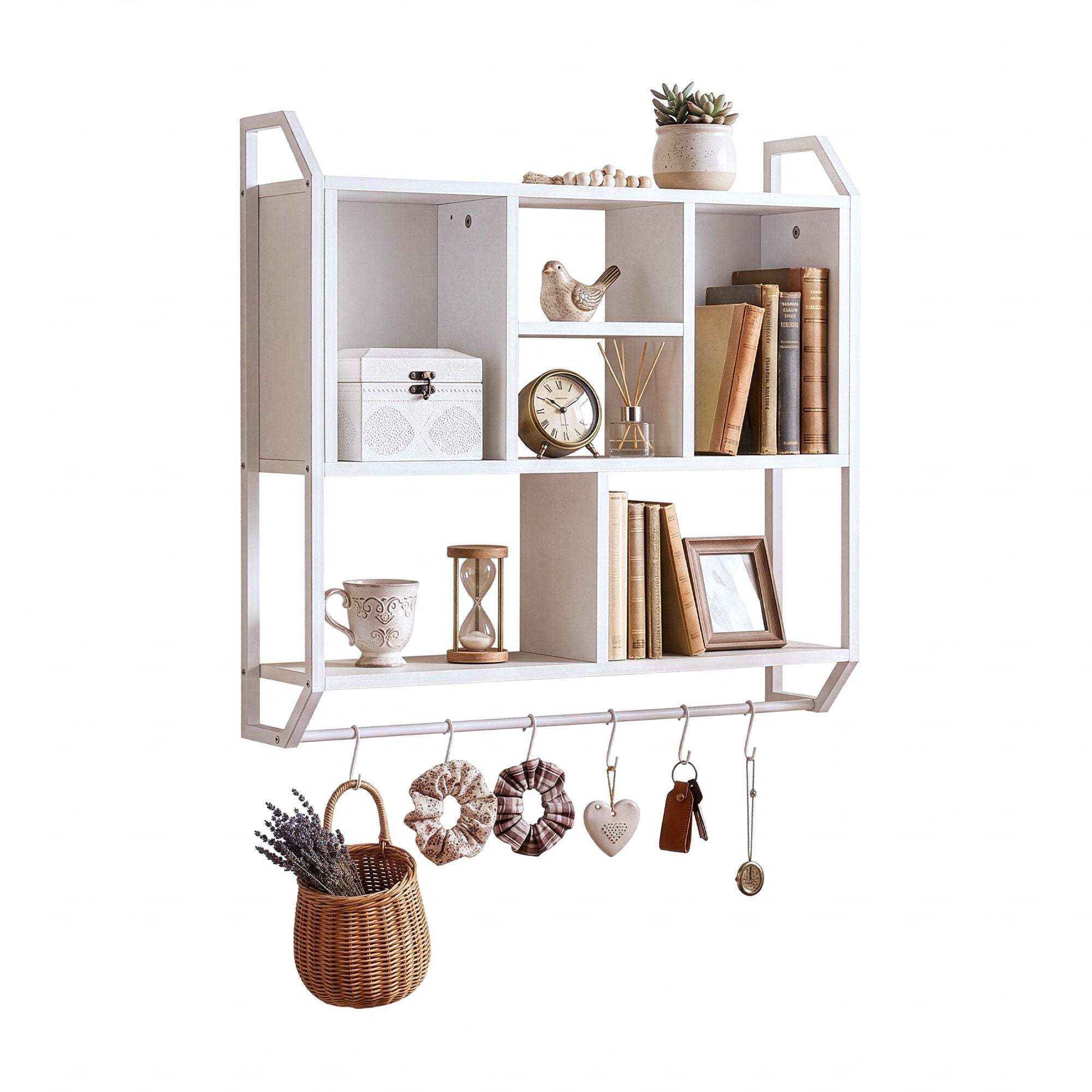Floating Wall Shelf with 6 Hooks and Storage Cubbies 73.5x74cm - White