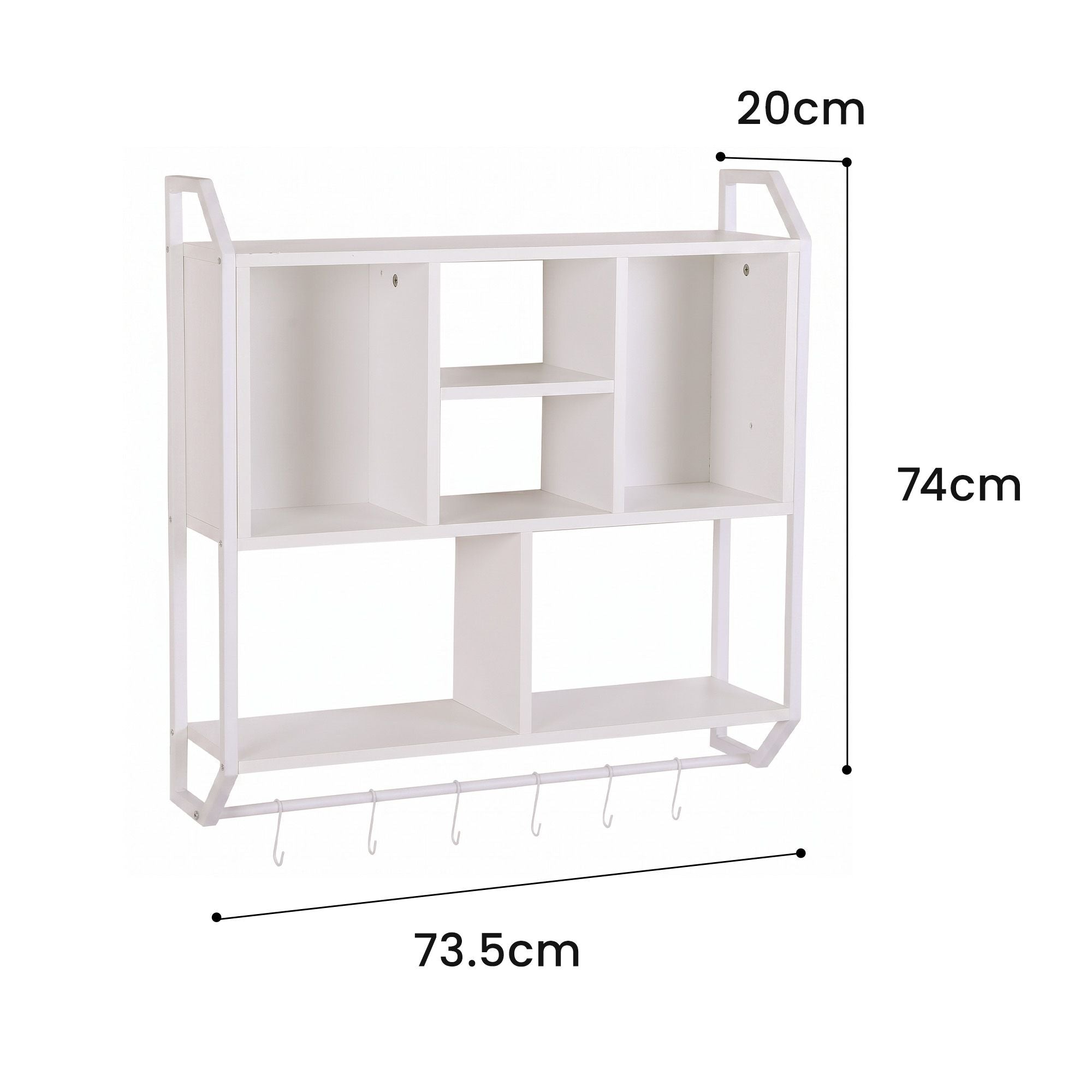 Floating Wall Shelf with 6 Hooks and Storage Cubbies 73.5x74cm - White