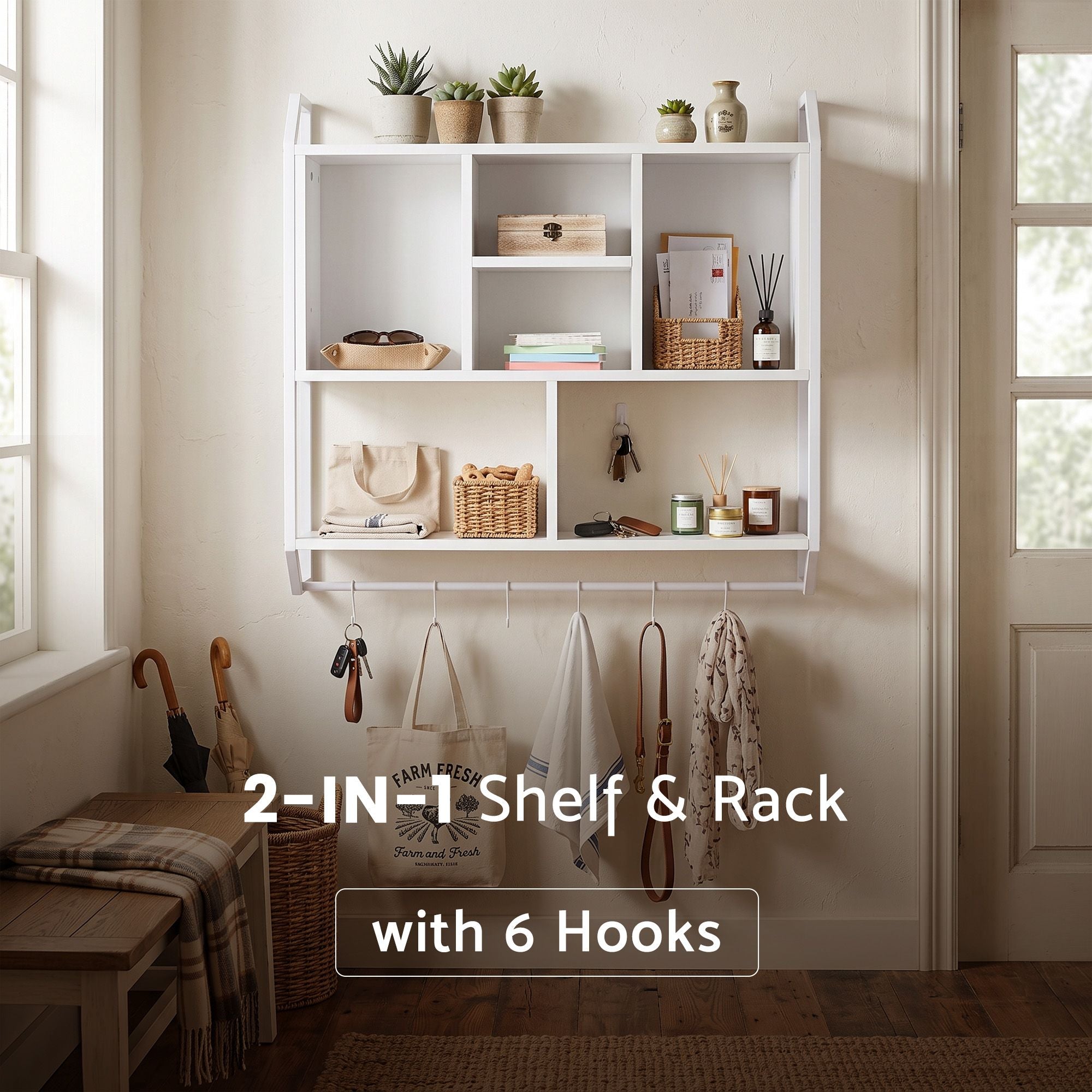Floating Wall Shelf with 6 Hooks and Storage Cubbies 73.5x74cm - White