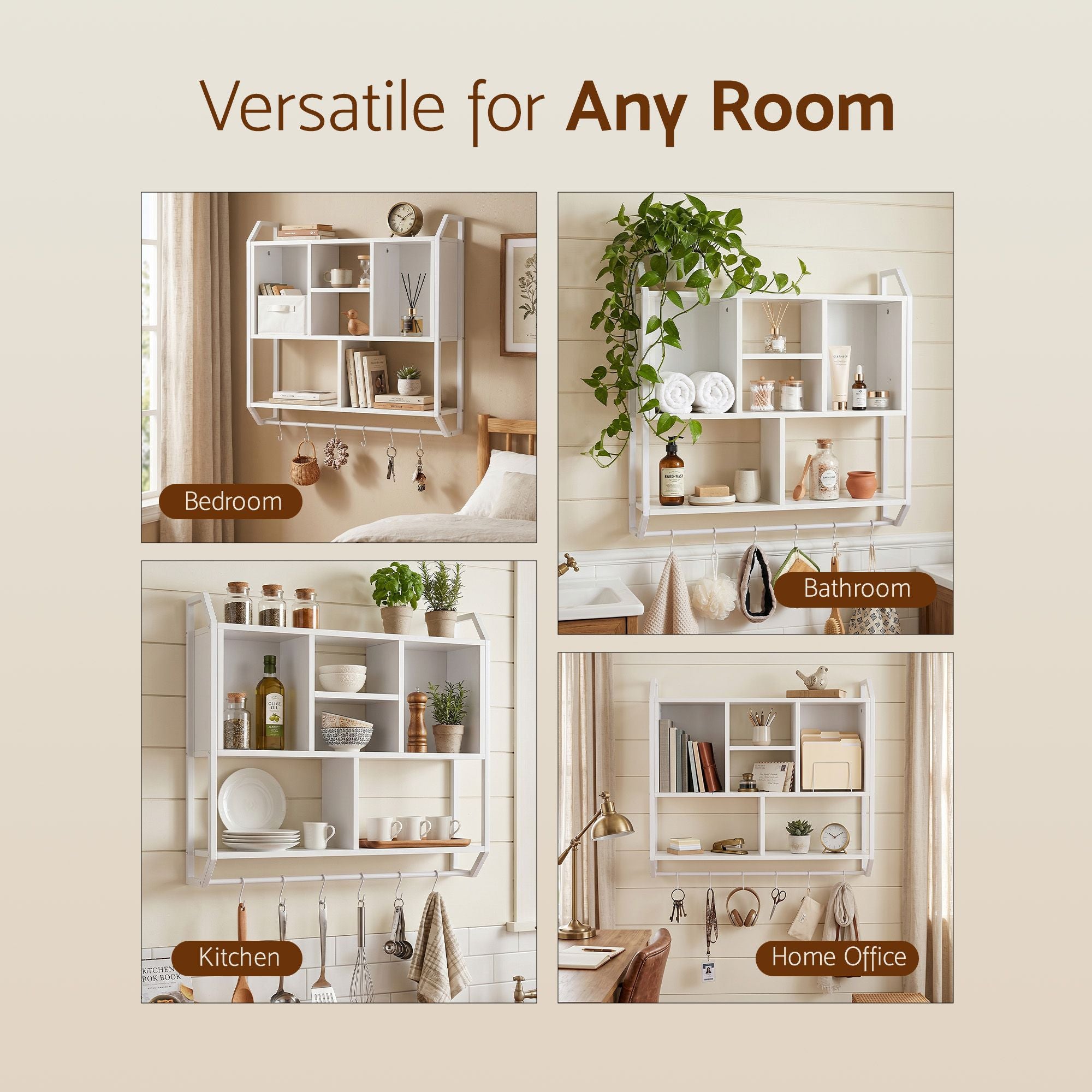 Floating Wall Shelf with 6 Hooks and Storage Cubbies 73.5x74cm - White