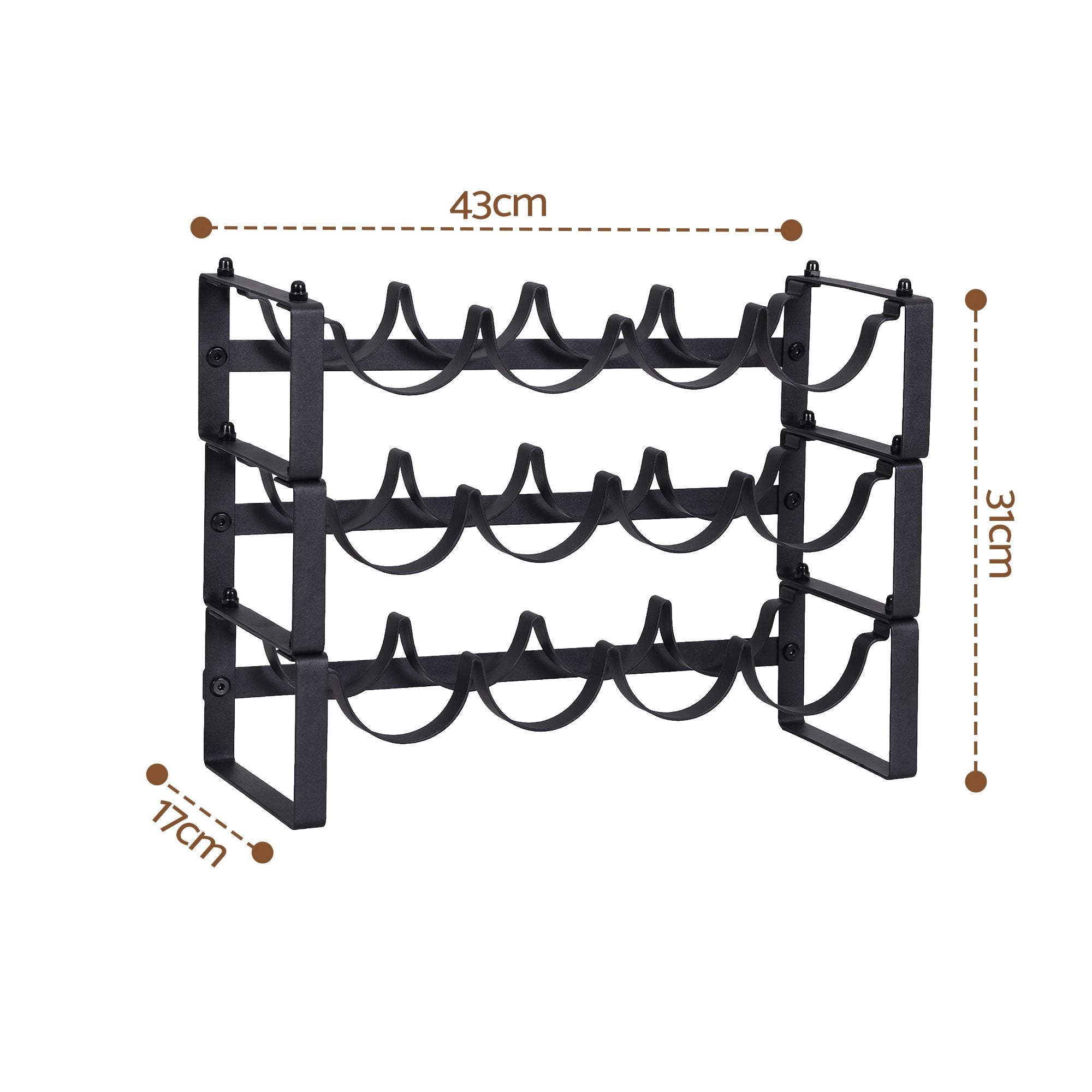 3-Tier 12-Bottle Wine Rack Metal Storage - Black