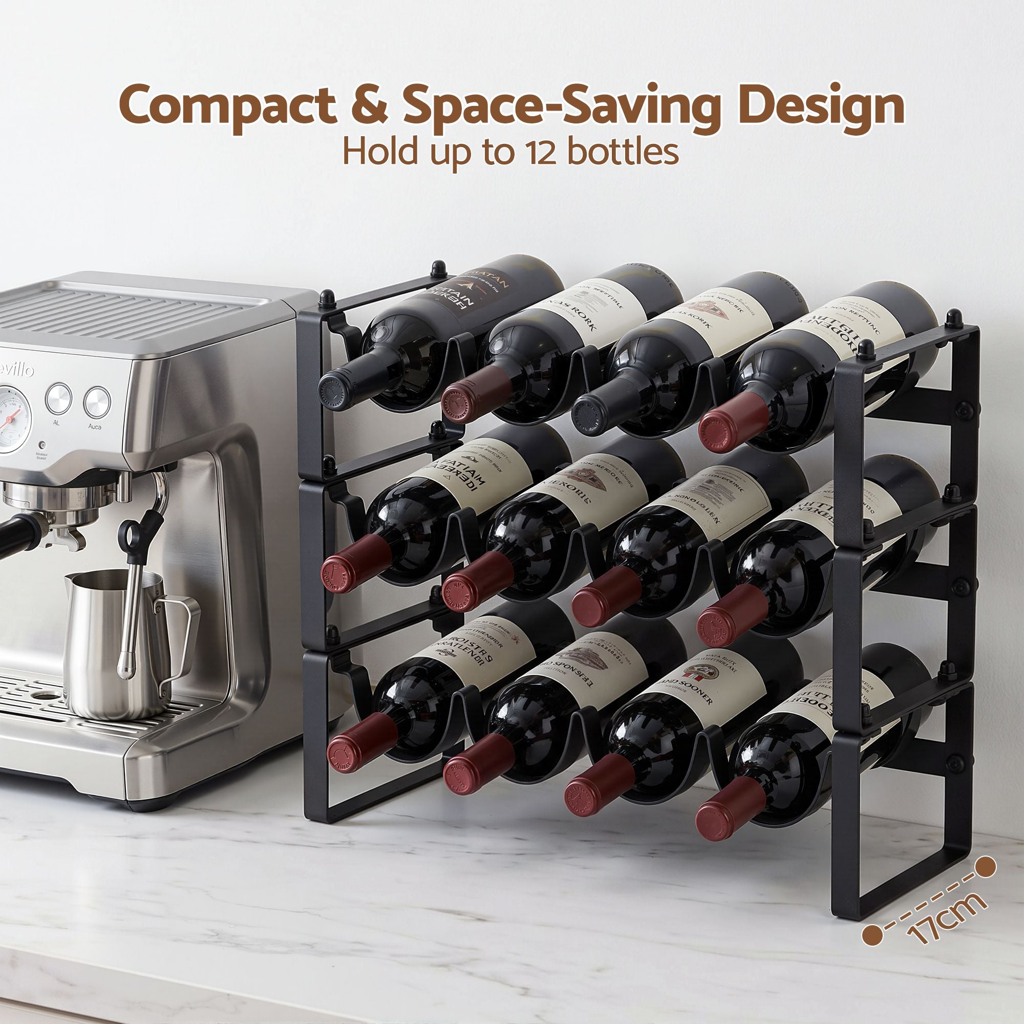 3-Tier 12-Bottle Wine Rack Metal Storage - Black