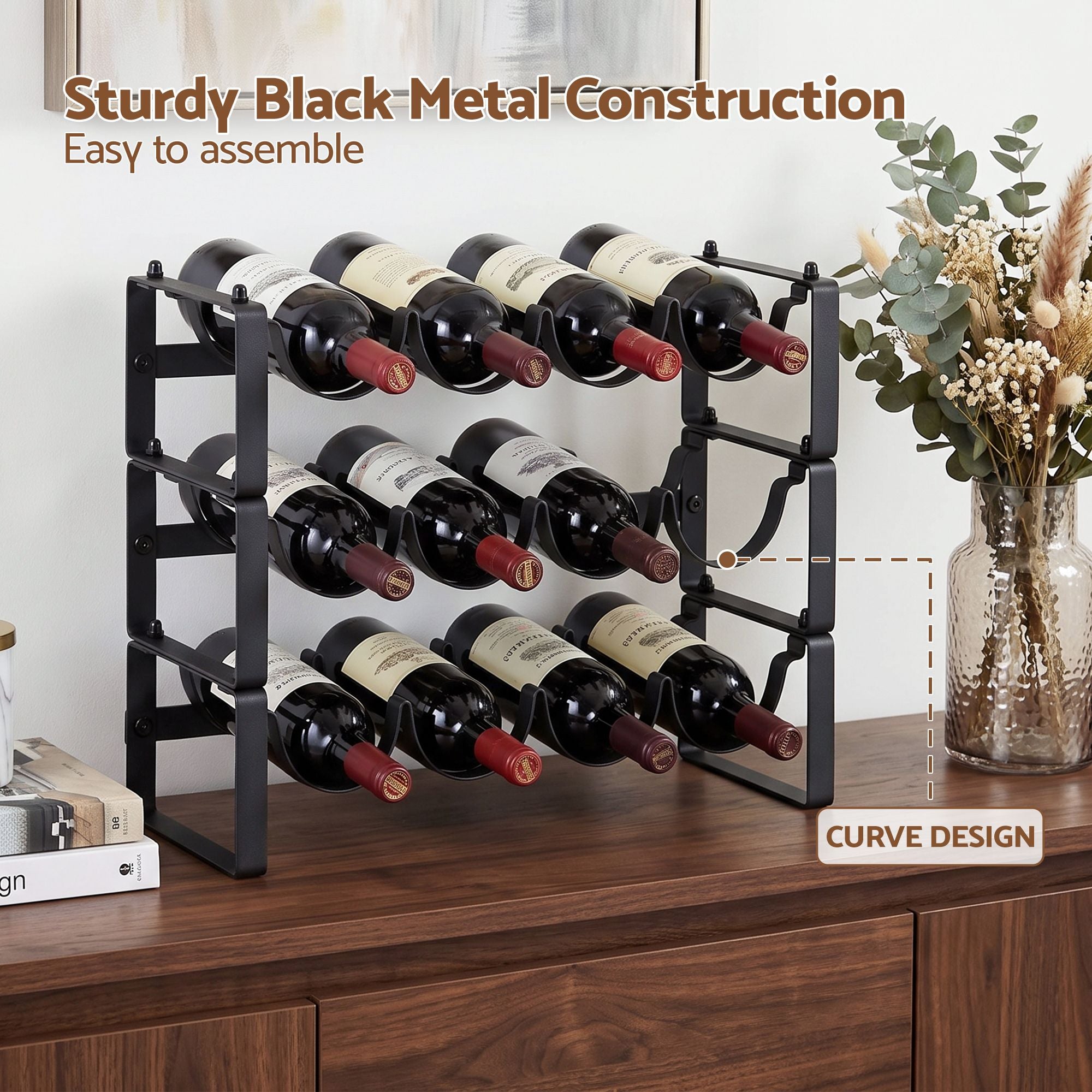 3-Tier 12-Bottle Wine Rack Metal Storage - Black