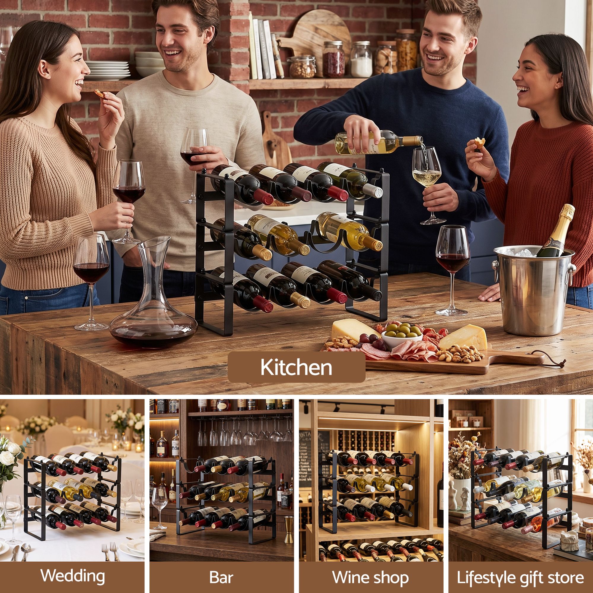 3-Tier 12-Bottle Wine Rack Metal Storage - Black