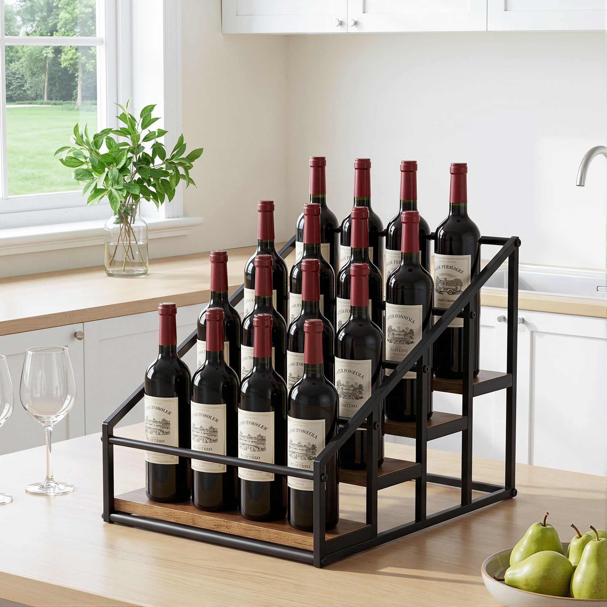 4-Tier Tabletop Wine Rack 16-Bottle Capacity 43x36x32.5cm - Black & Wood