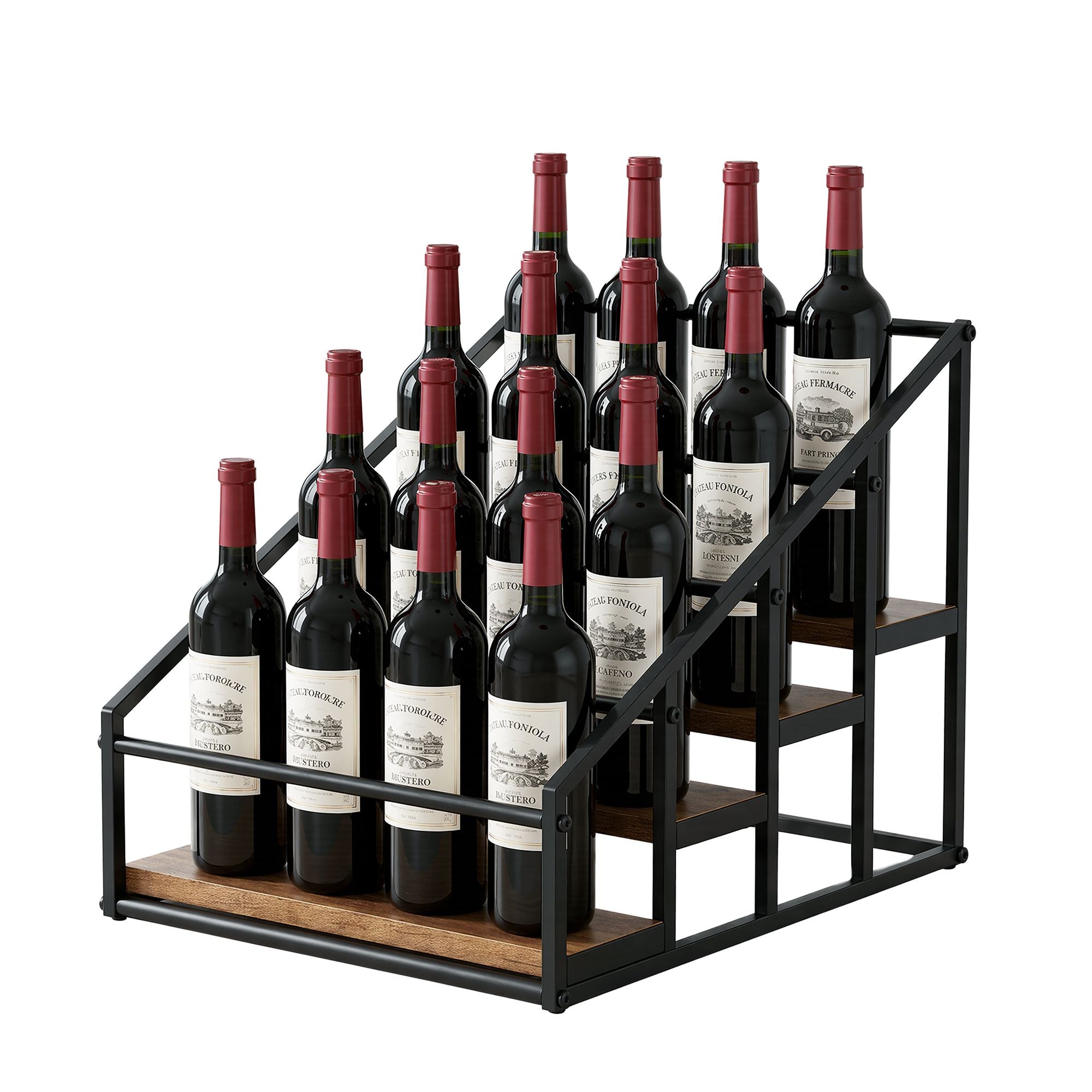 4-Tier Tabletop Wine Rack 16-Bottle Capacity 43x36x32.5cm - Black & Wood