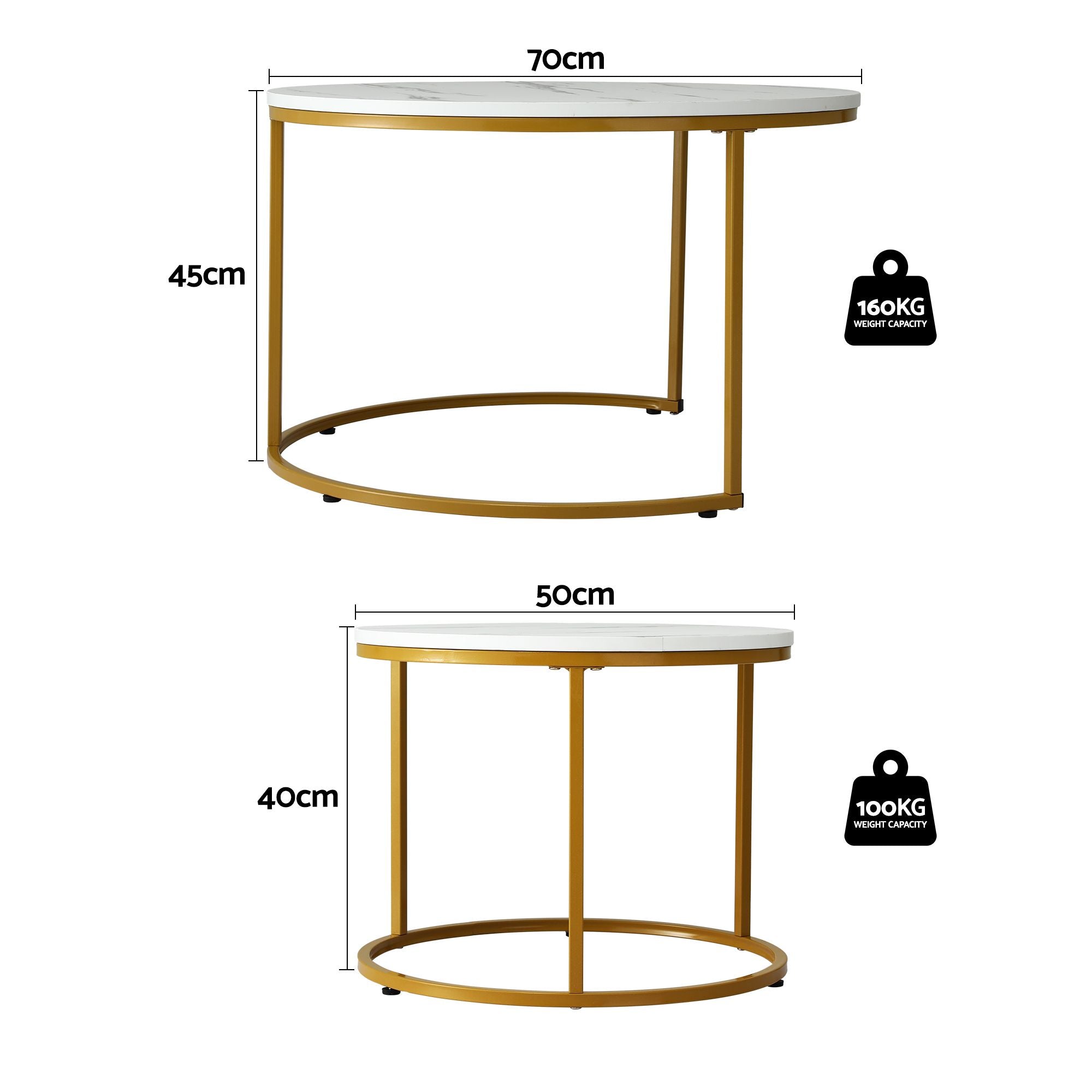 Nesting Coffee Table Set of 2 Round Marble Effect 70/50cm White & Gold