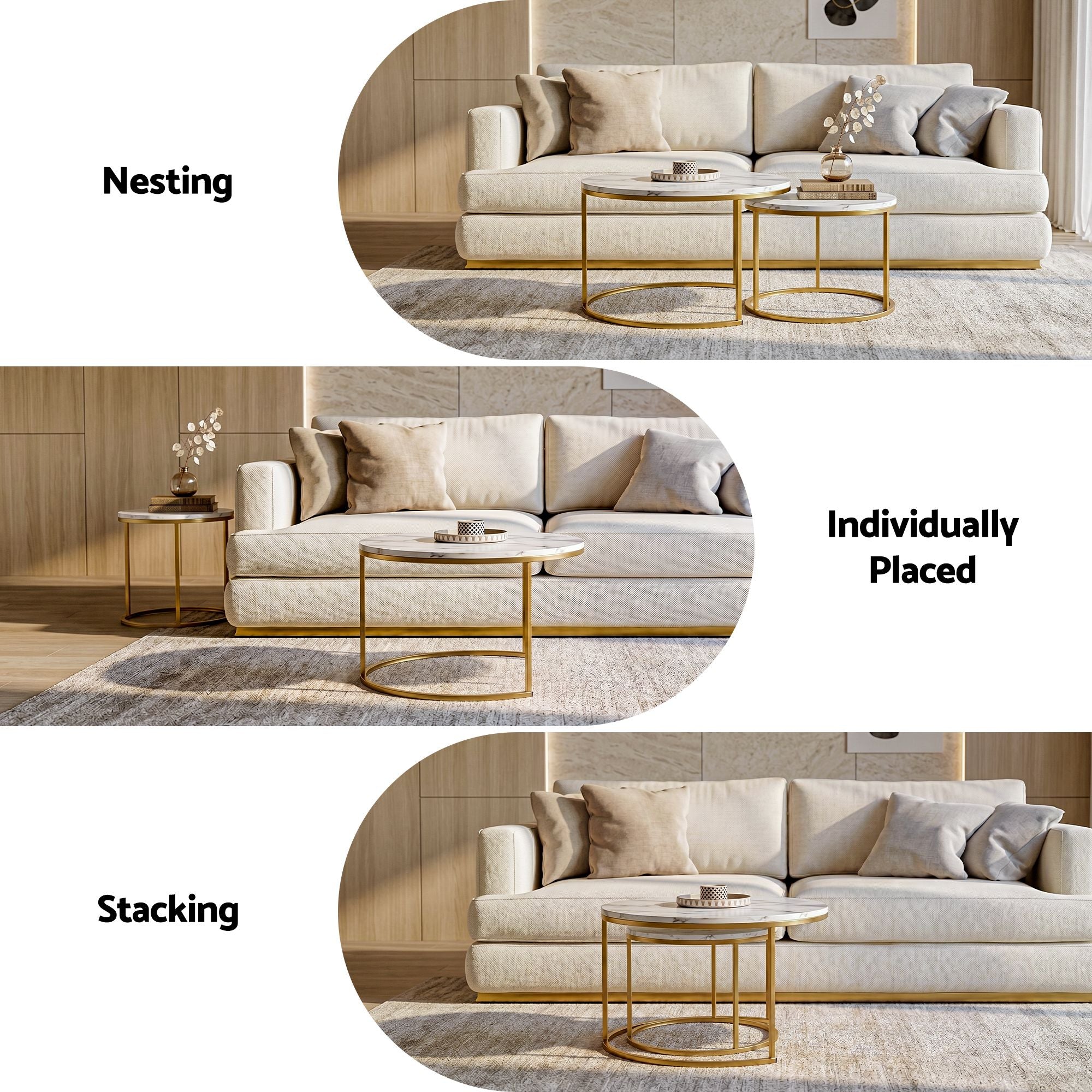 Nesting Coffee Table Set of 2 Round Marble Effect 70/50cm White & Gold