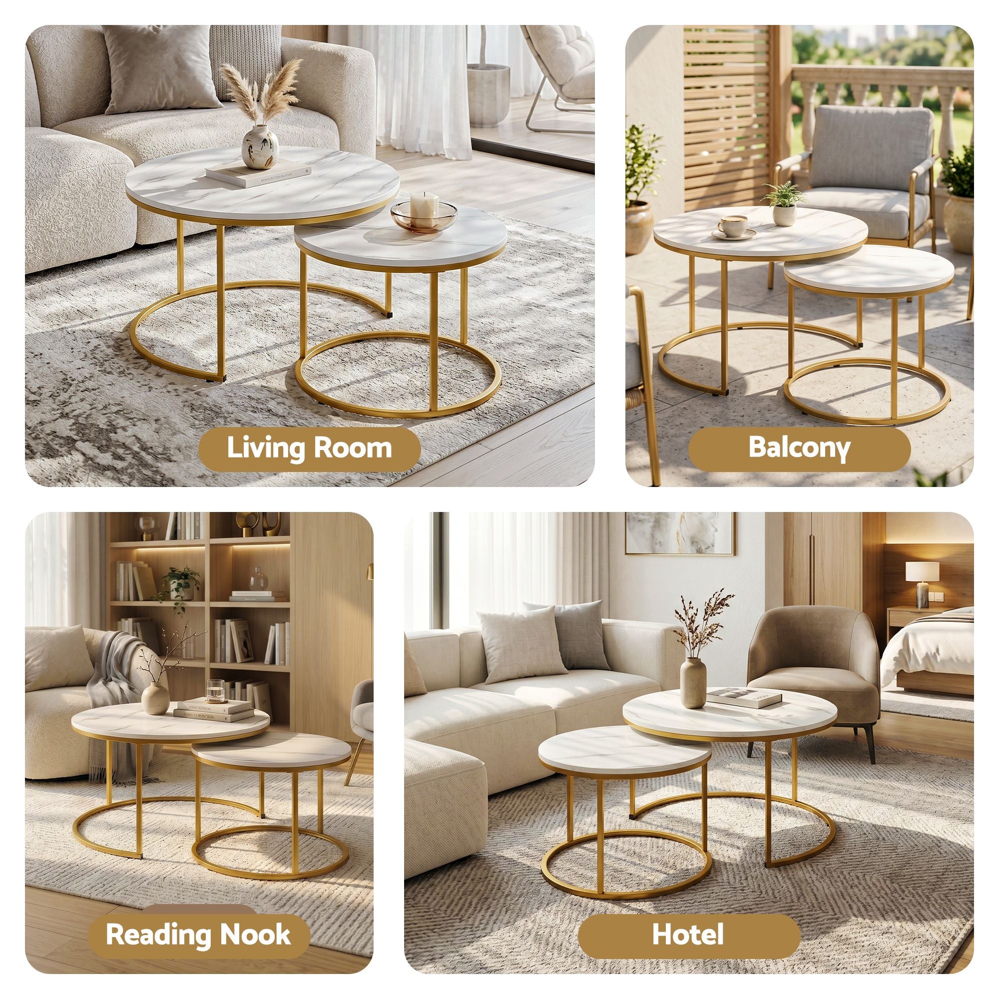 Nesting Coffee Table Set of 2 Round Marble Effect 70/50cm White & Gold