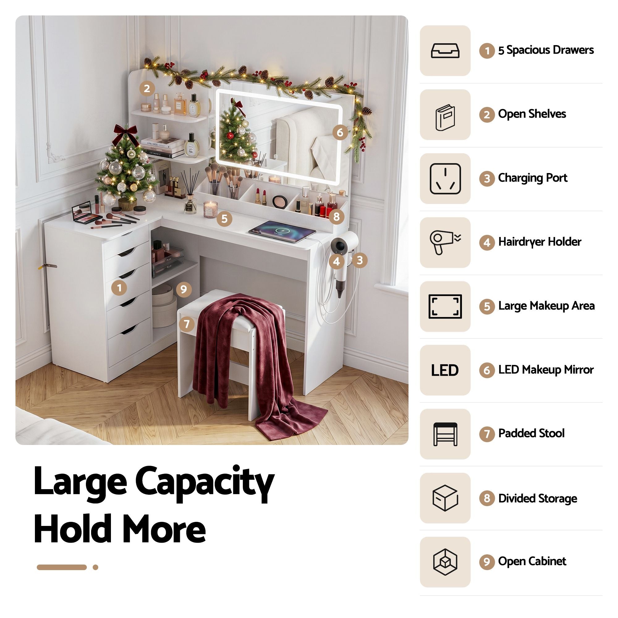 Dressing Table Corner Vanity Desk Set Stool LED Charging Station White