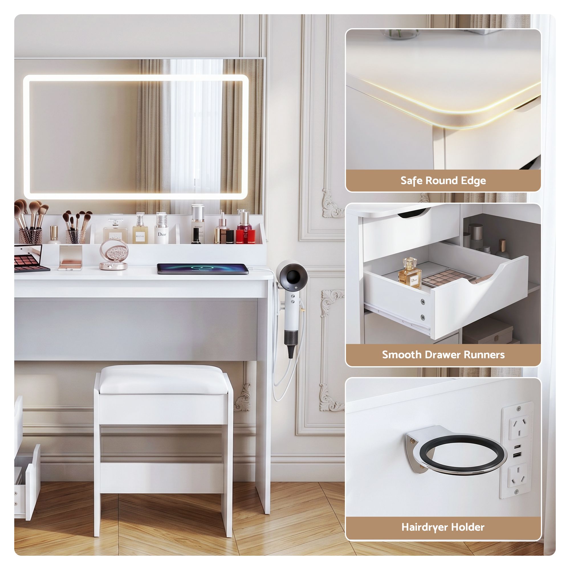 Dressing Table Corner Vanity Desk Set Stool LED Charging Station White