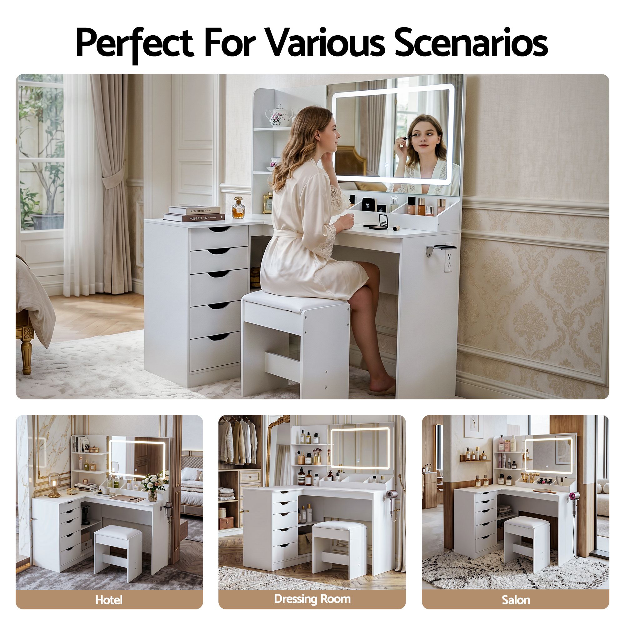 Dressing Table Corner Vanity Desk Set Stool LED Charging Station White