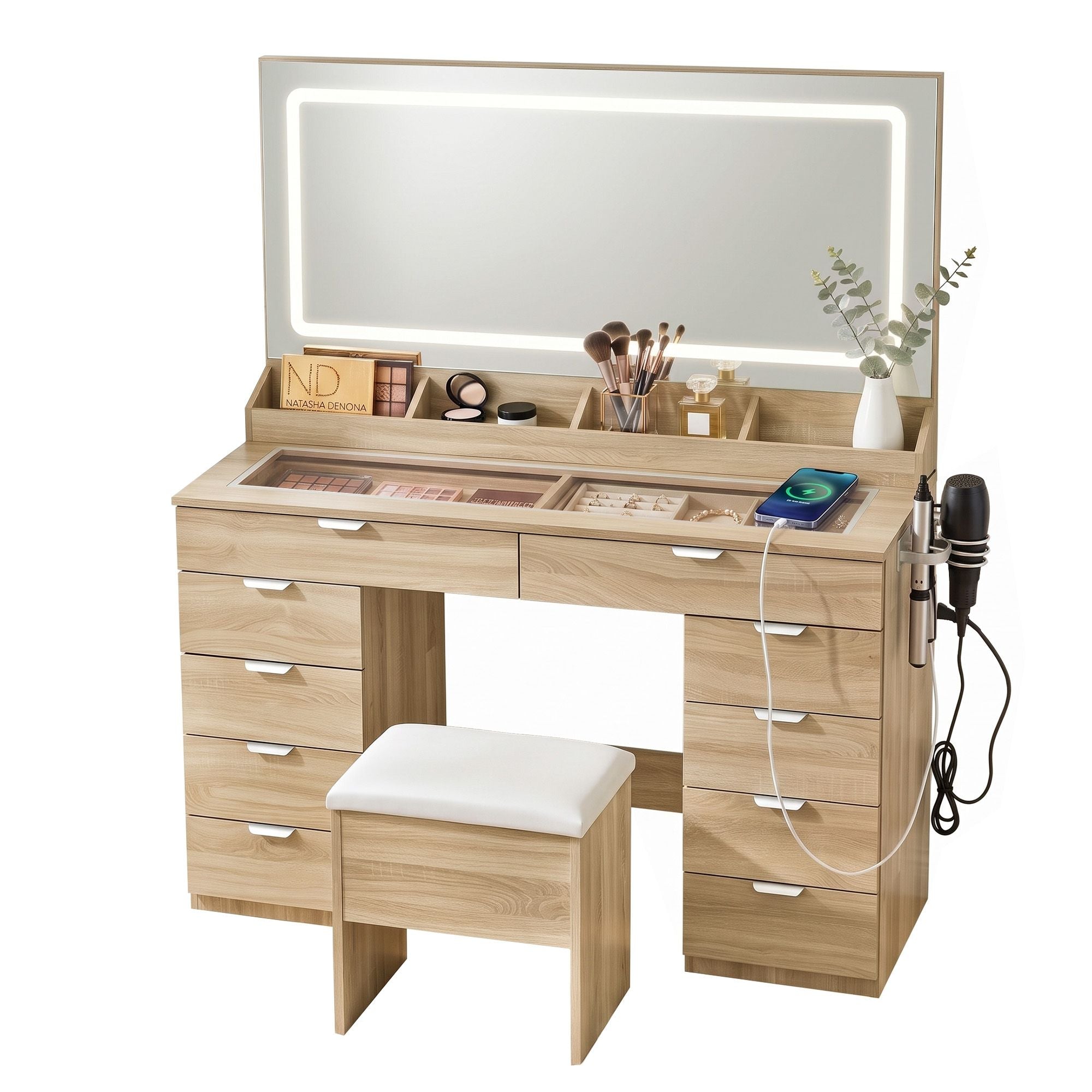 Dressing Table Makeup Vanity Desk Large LED Mirror 10 Drawers Power Outlet Hair Dryer Holder Hook Wood