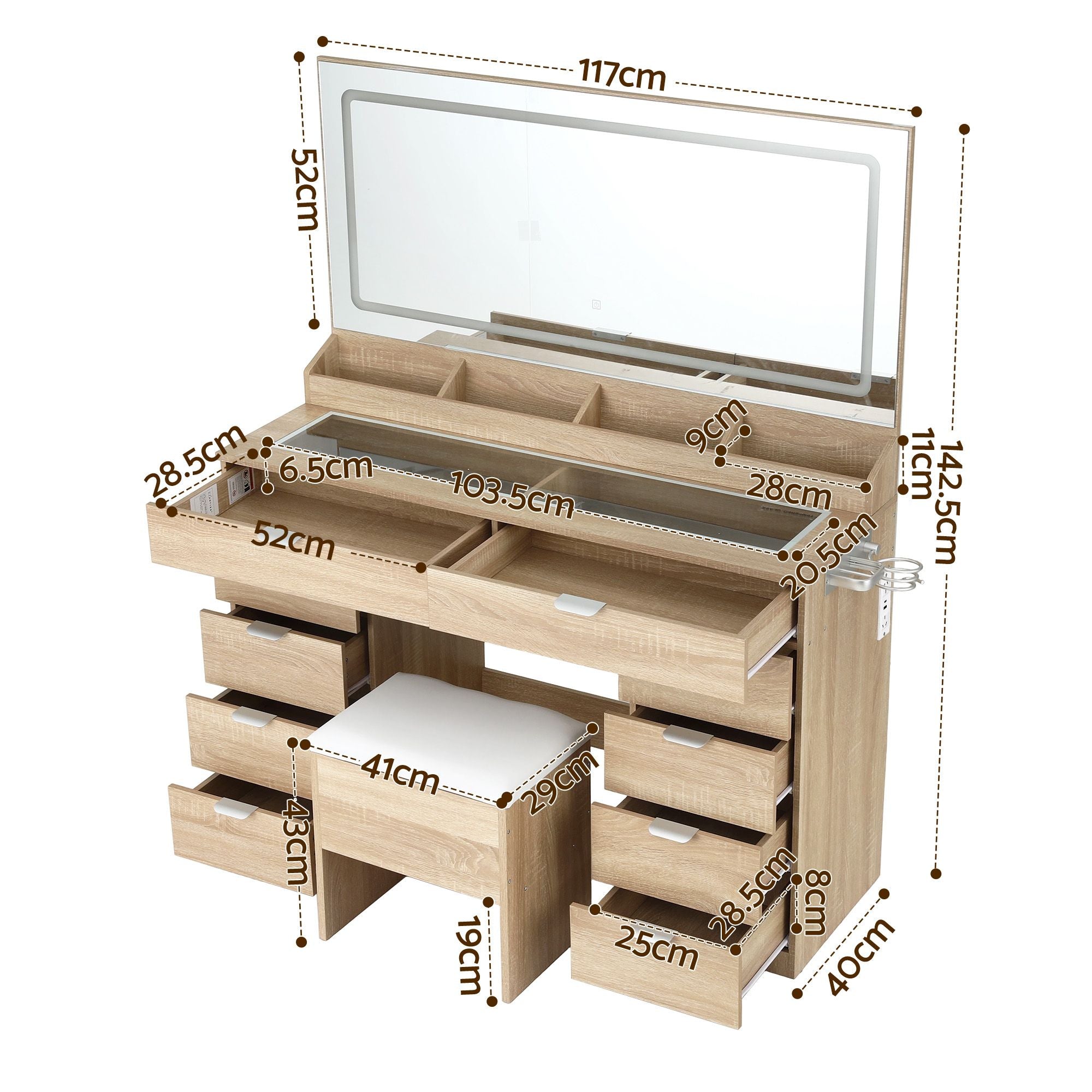 Dressing Table Makeup Vanity Desk Large LED Mirror 10 Drawers Power Outlet Hair Dryer Holder Hook Wood