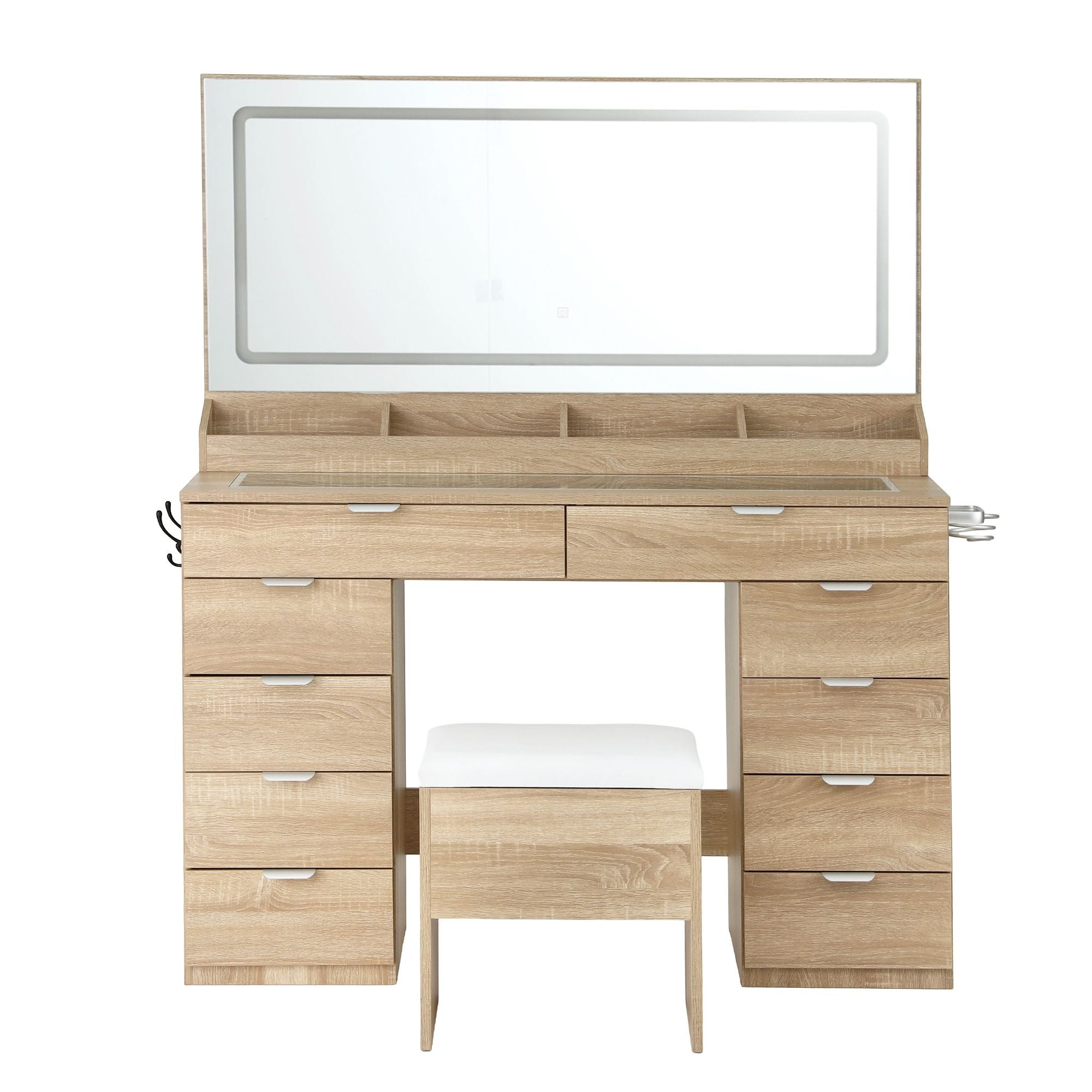 Dressing Table Makeup Vanity Desk Large LED Mirror 10 Drawers Power Outlet Hair Dryer Holder Hook Wood