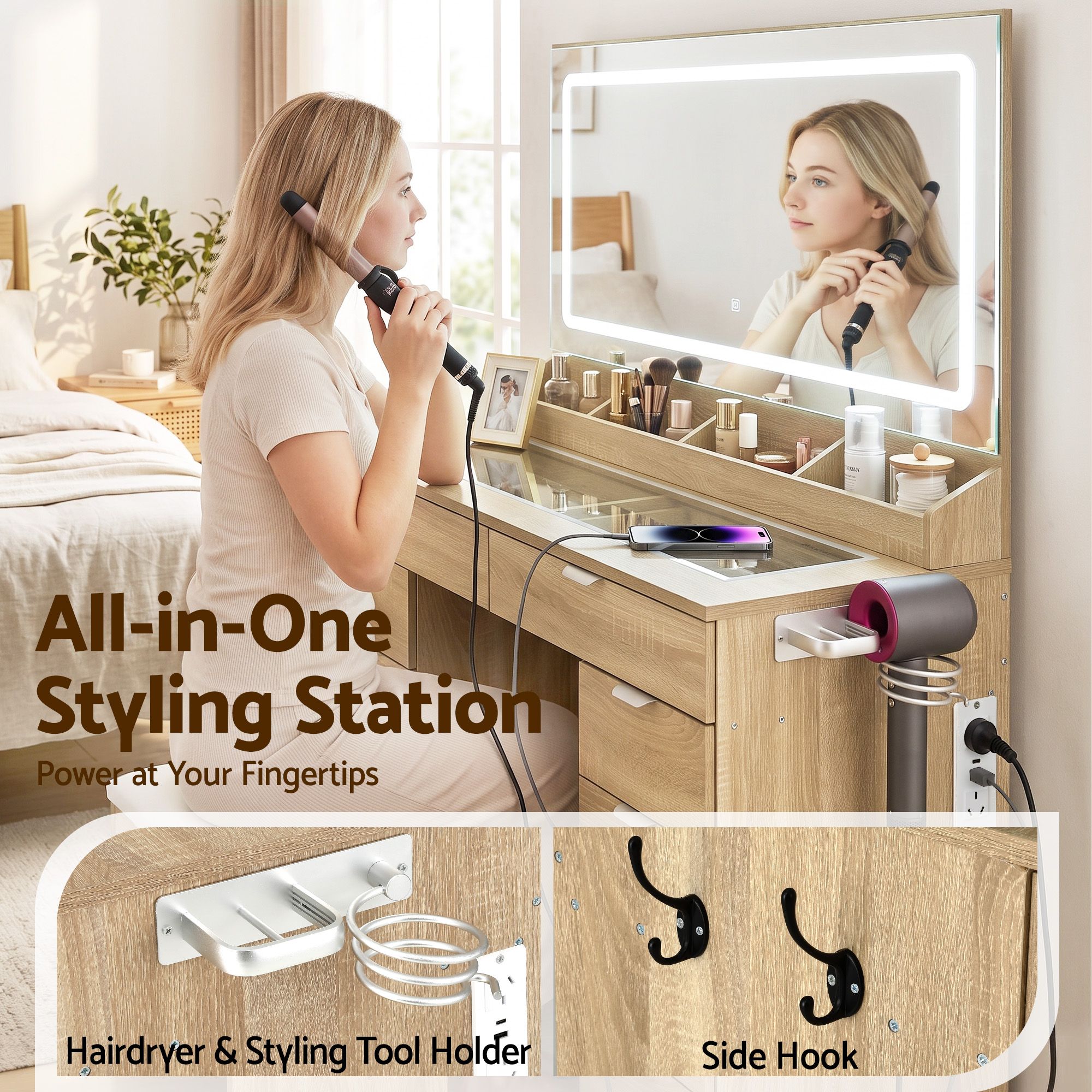 Dressing Table Makeup Vanity Desk Large LED Mirror 10 Drawers Power Outlet Hair Dryer Holder Hook Wood