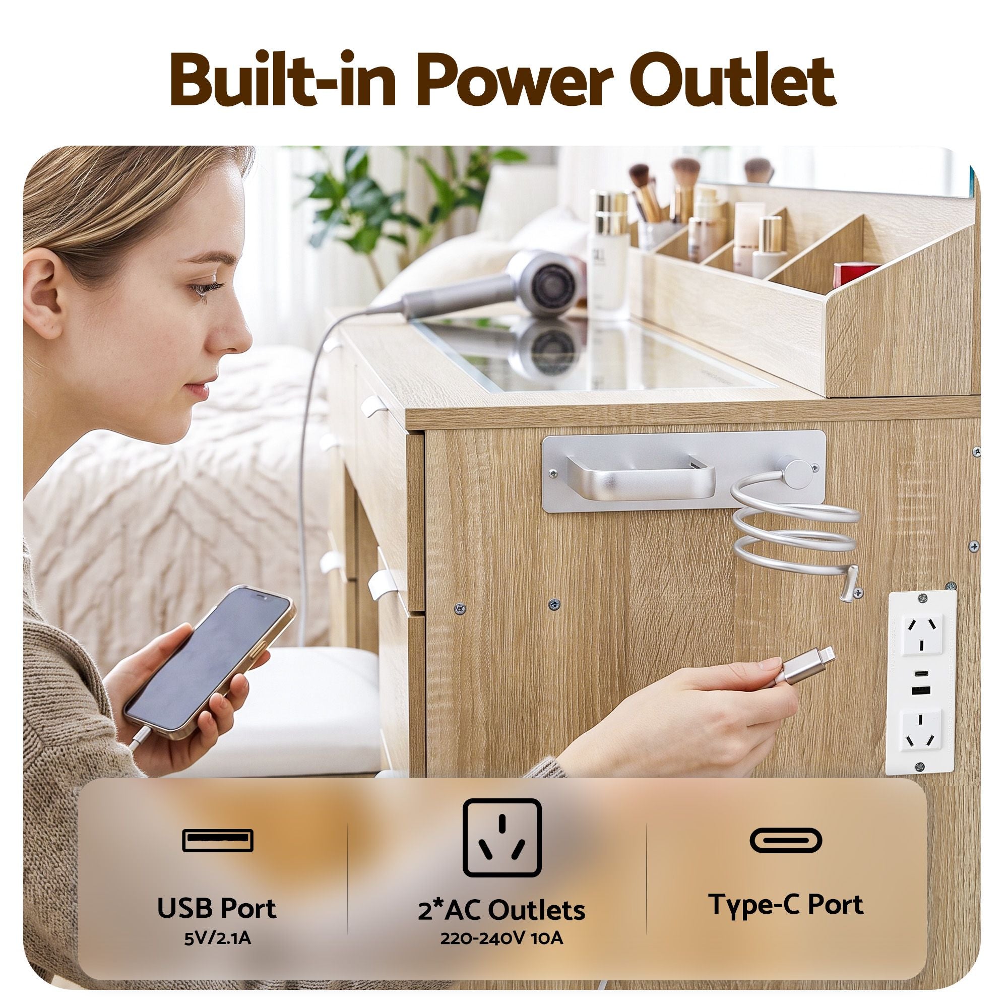 Dressing Table Makeup Vanity Desk Large LED Mirror 10 Drawers Power Outlet Hair Dryer Holder Hook Wood