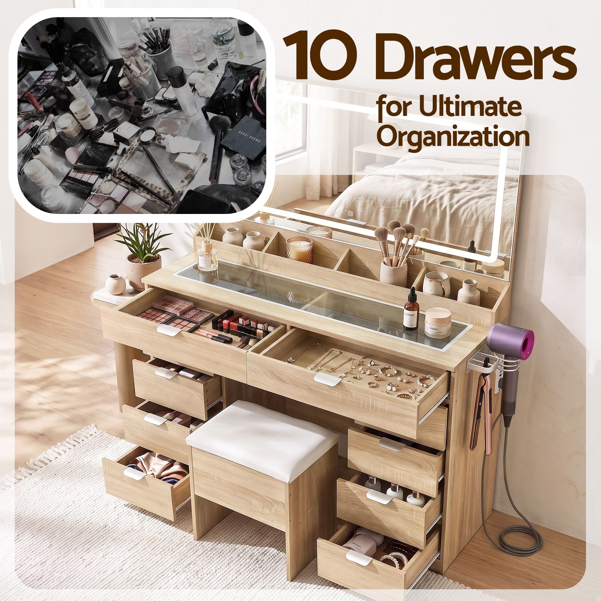 Dressing Table Makeup Vanity Desk Large LED Mirror 10 Drawers Power Outlet Hair Dryer Holder Hook Wood