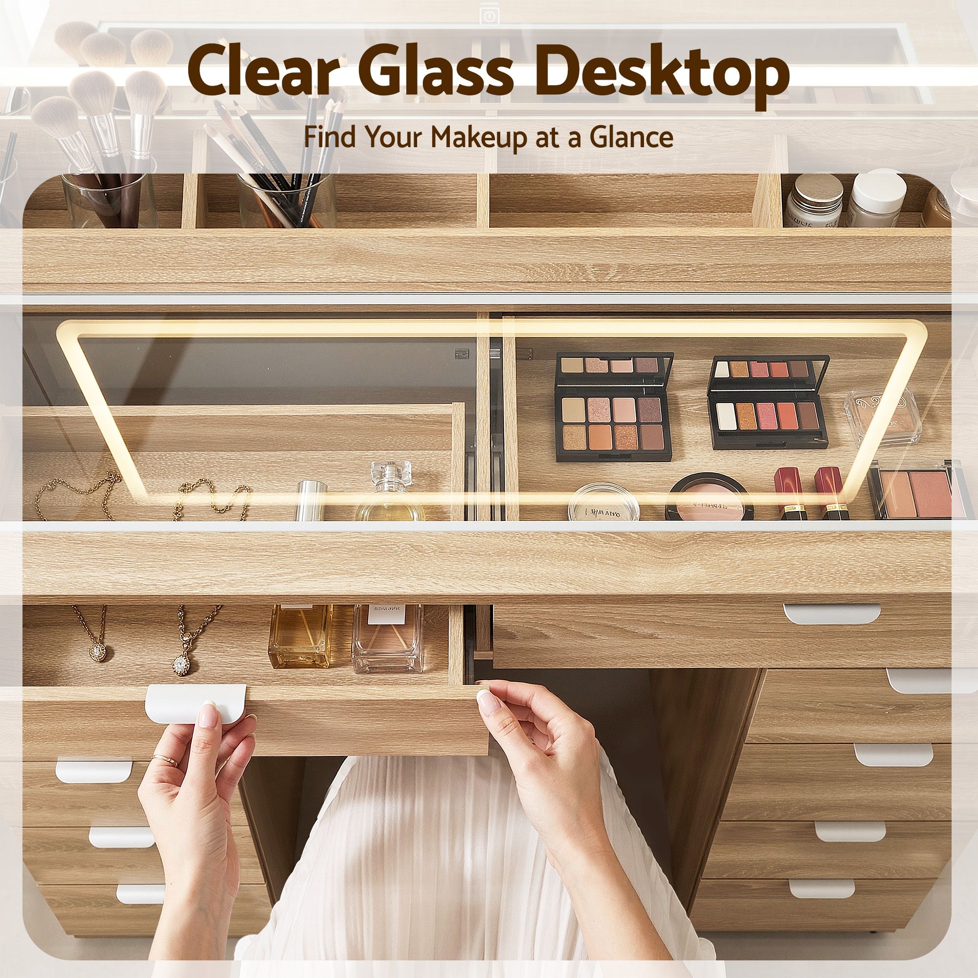 Dressing Table Makeup Vanity Desk Large LED Mirror 10 Drawers Power Outlet Hair Dryer Holder Hook Wood