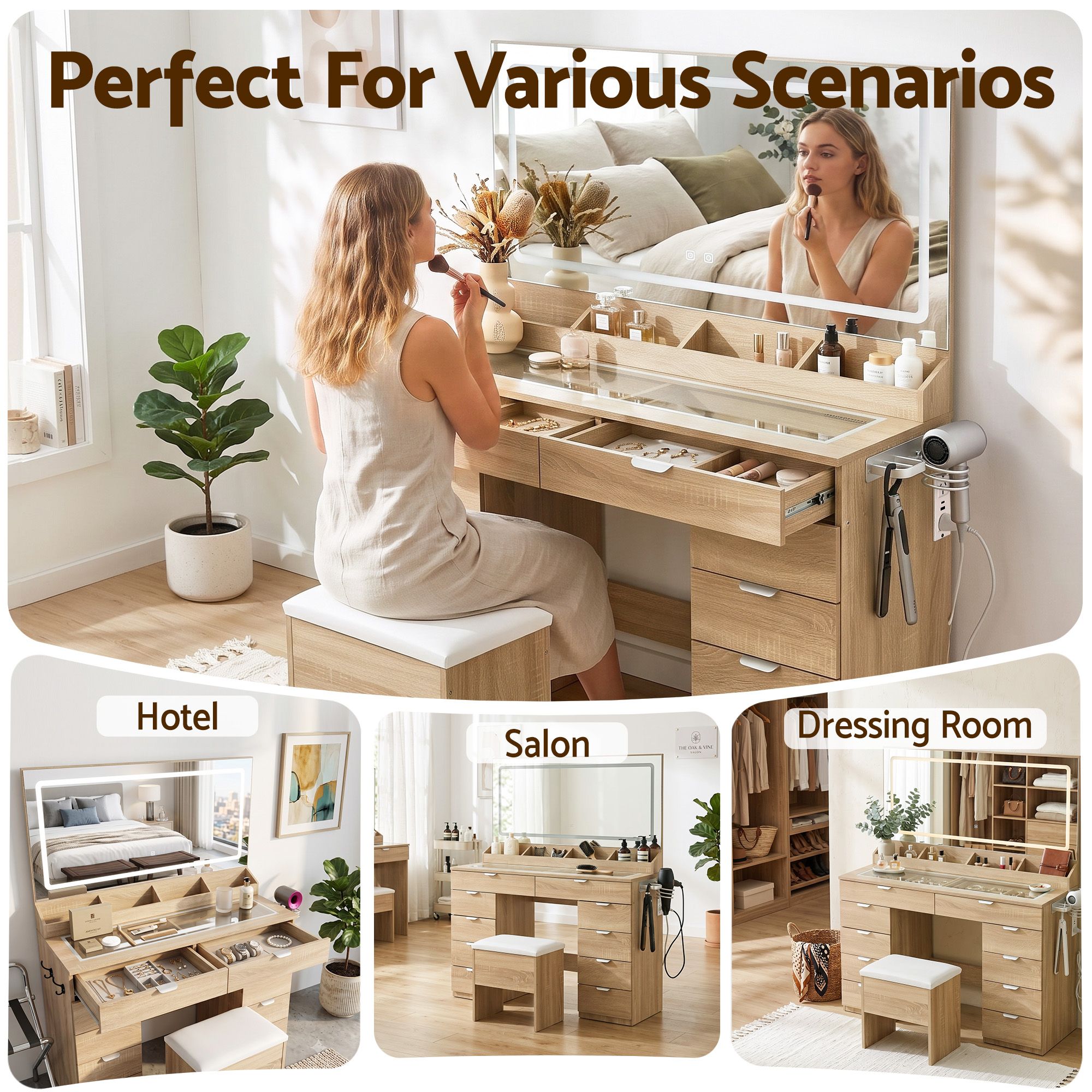 Dressing Table Makeup Vanity Desk Large LED Mirror 10 Drawers Power Outlet Hair Dryer Holder Hook Wood
