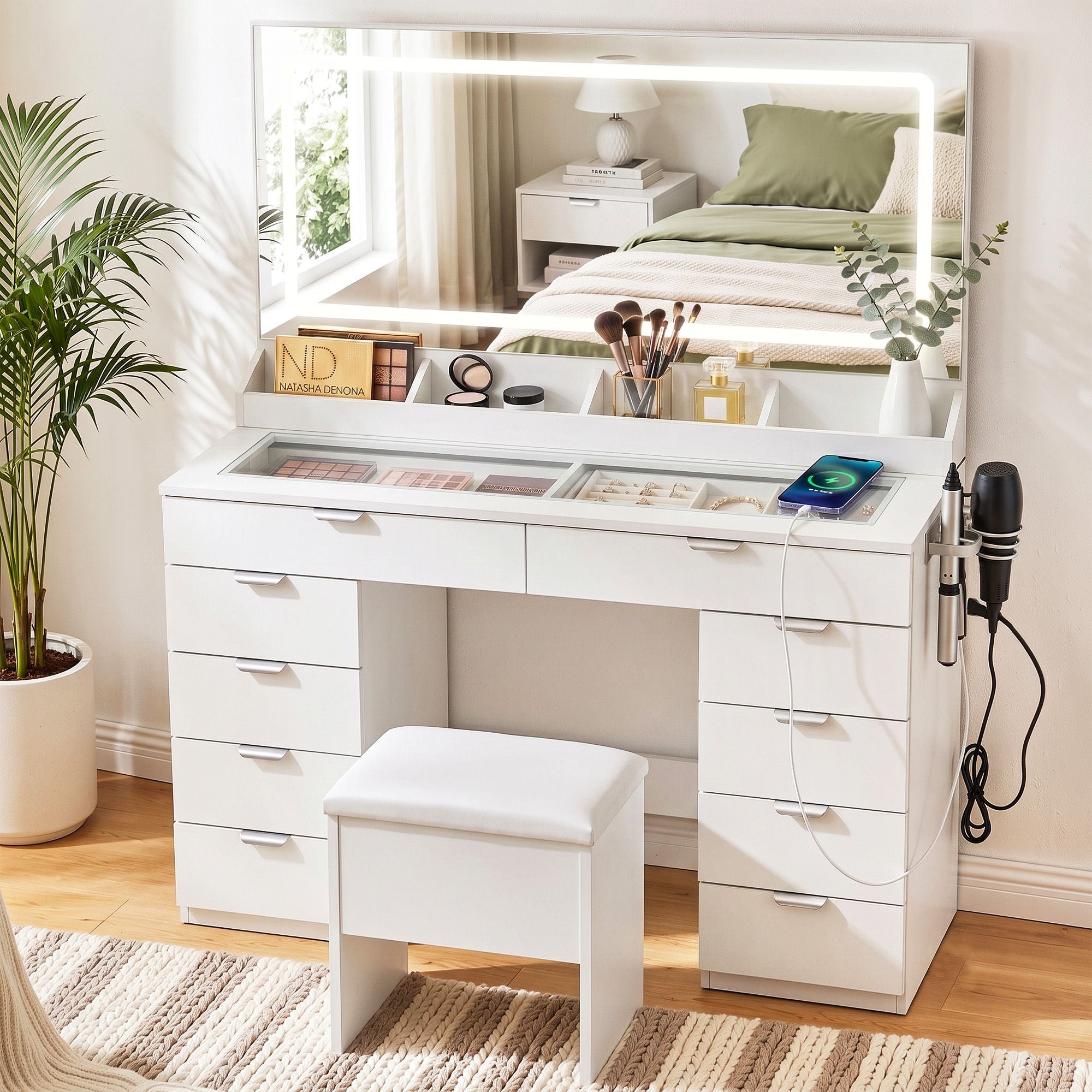 Dressing Table Makeup Vanity Desk Large LED Mirror 10 Drawers Power Outlet Hair Dryer Holder Hook White