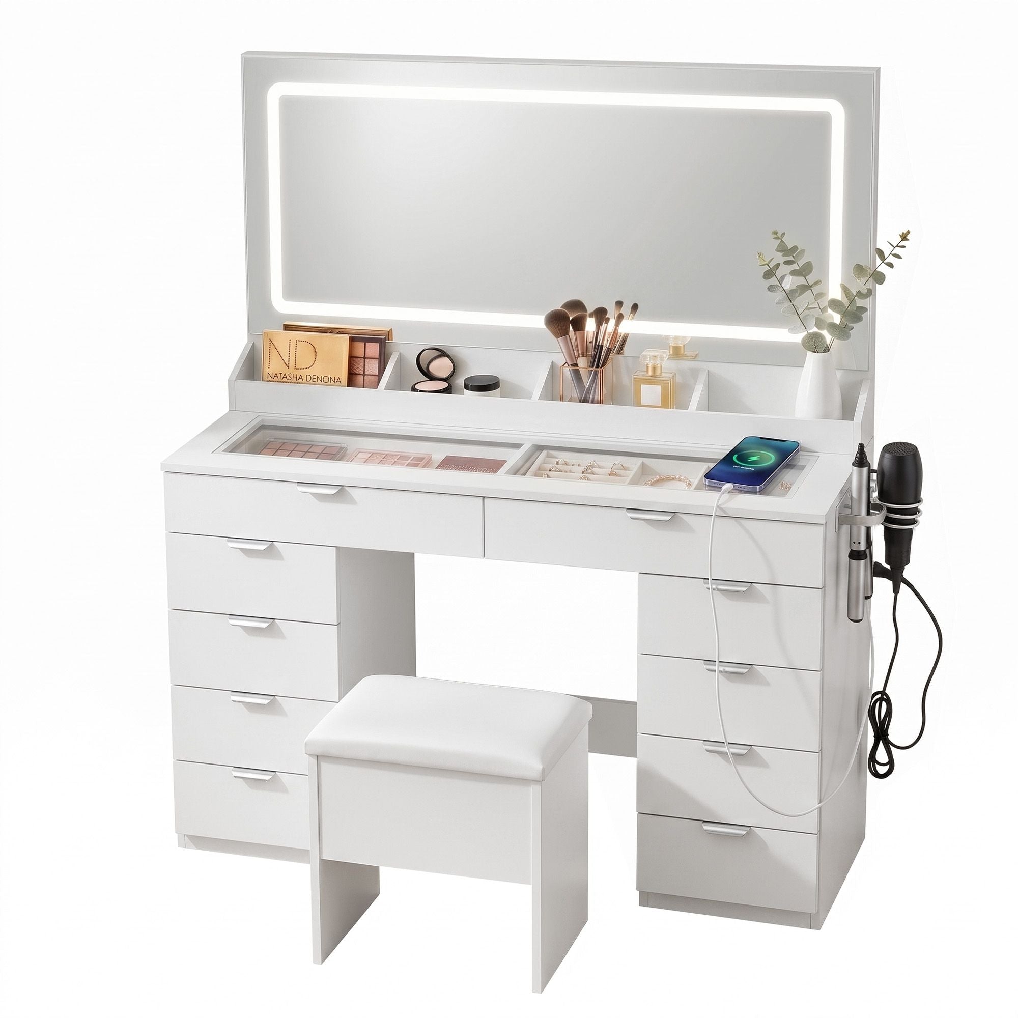 Dressing Table Makeup Vanity Desk Large LED Mirror 10 Drawers Power Outlet Hair Dryer Holder Hook White